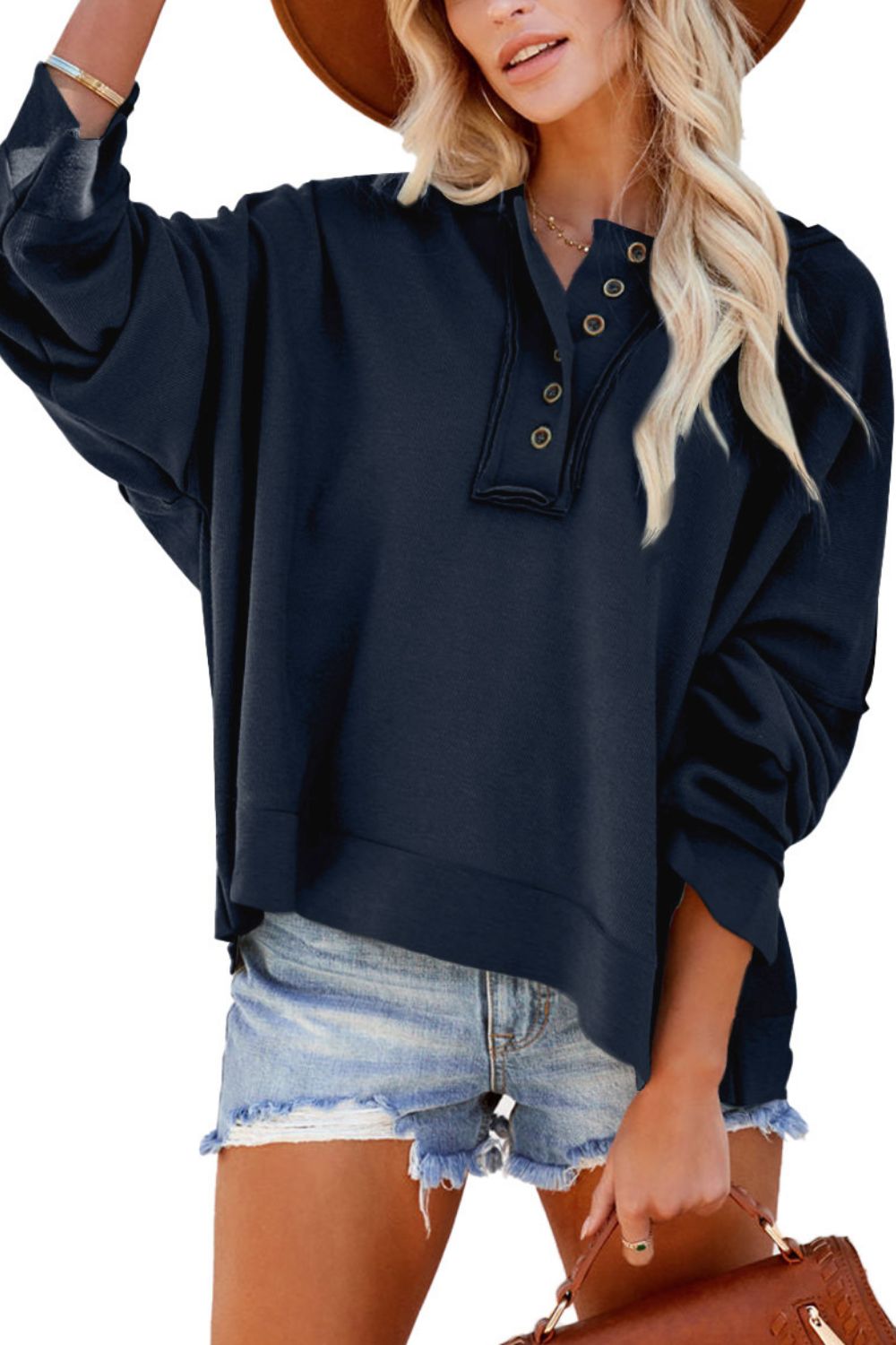 Quarter-Button Exposed Seam Dropped Shoulder Hoodie in Black, Khaki, Sky Blue, Gray, & Pink