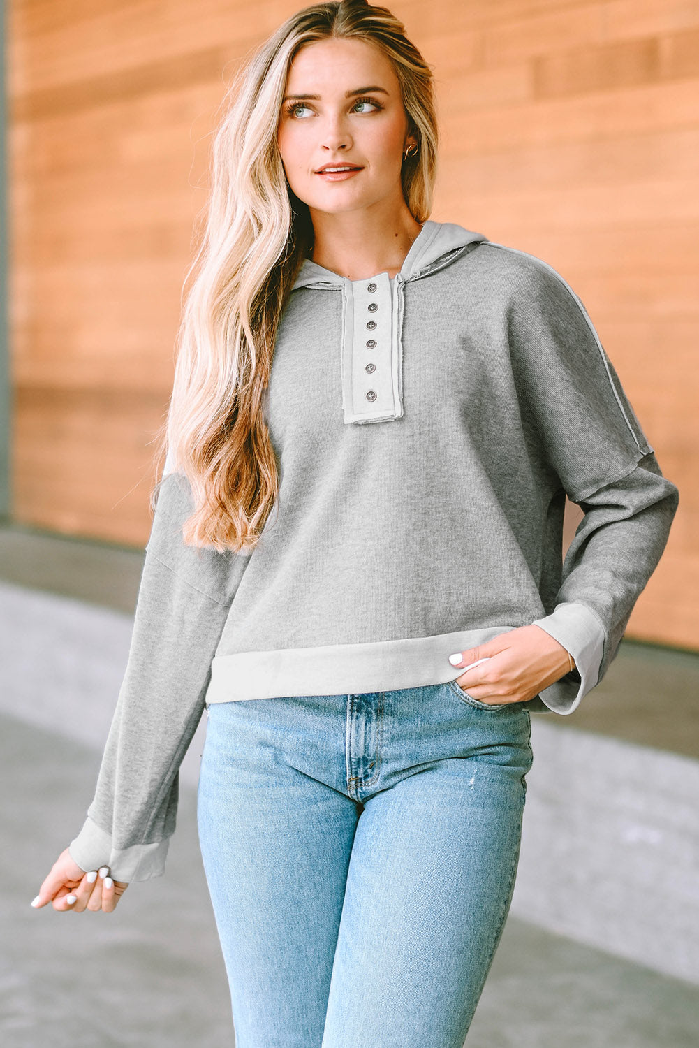 Quarter-Button Exposed Seam Dropped Shoulder Hoodie in Black, Khaki, Sky Blue, Gray, & Pink