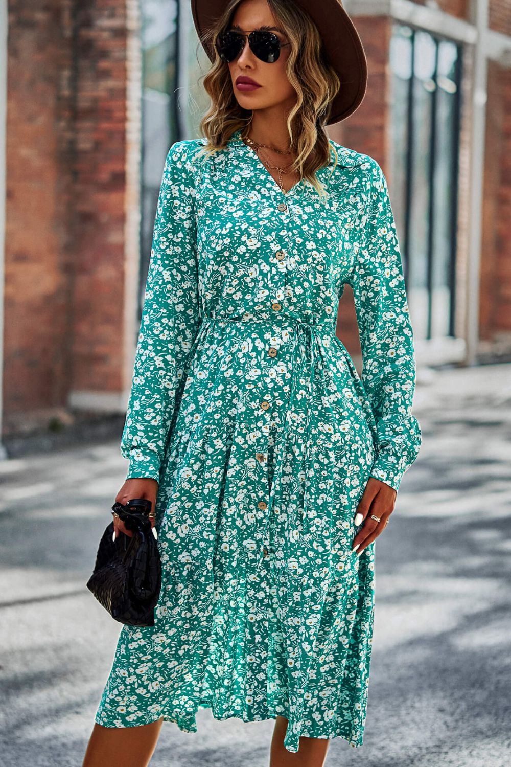 Women's Printed Button Front Belted Tiered Shirt Dress in Green, Red, White, or Black