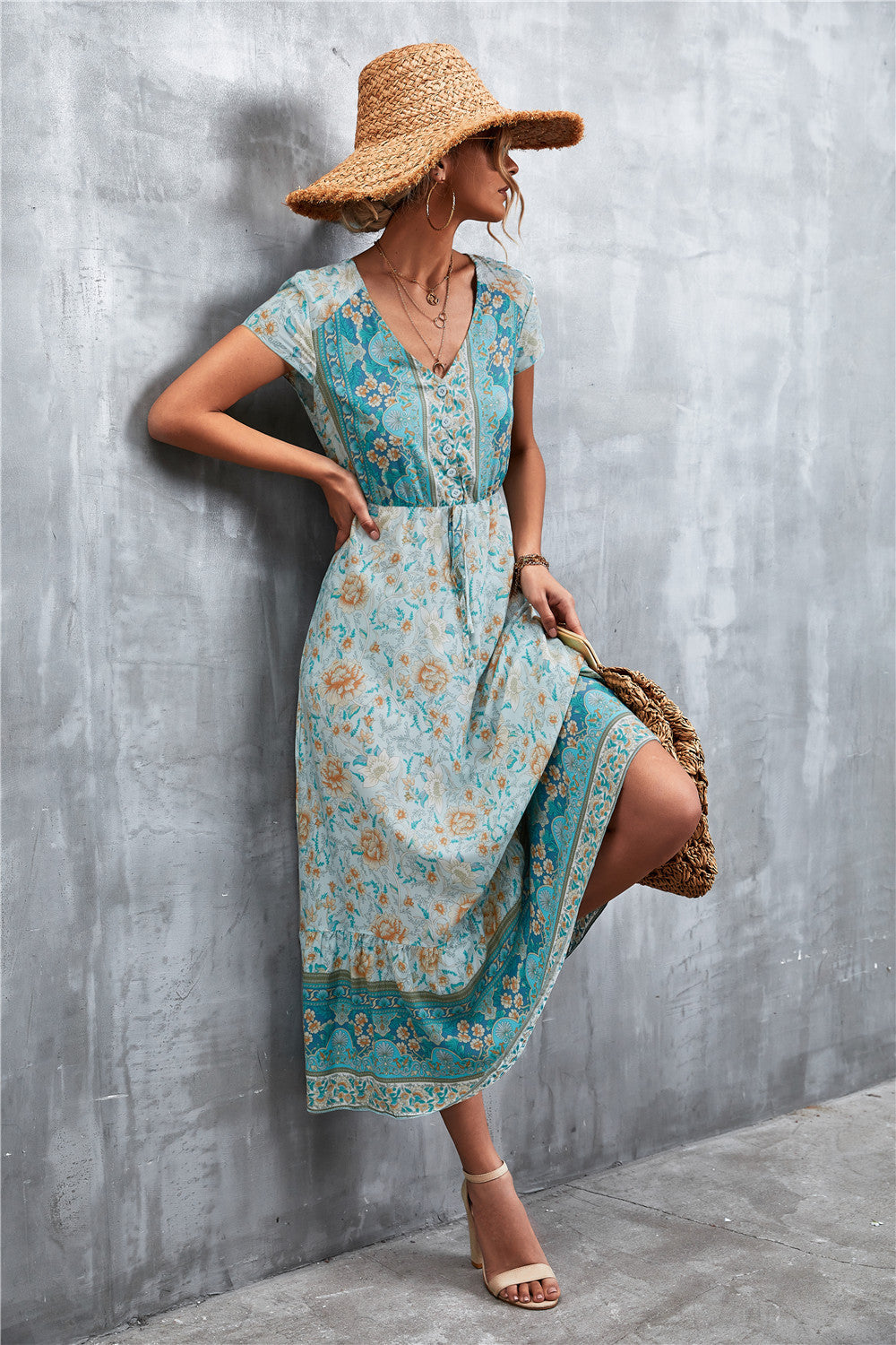 Bohemian V-Neck Short Sleeve Midi Dress