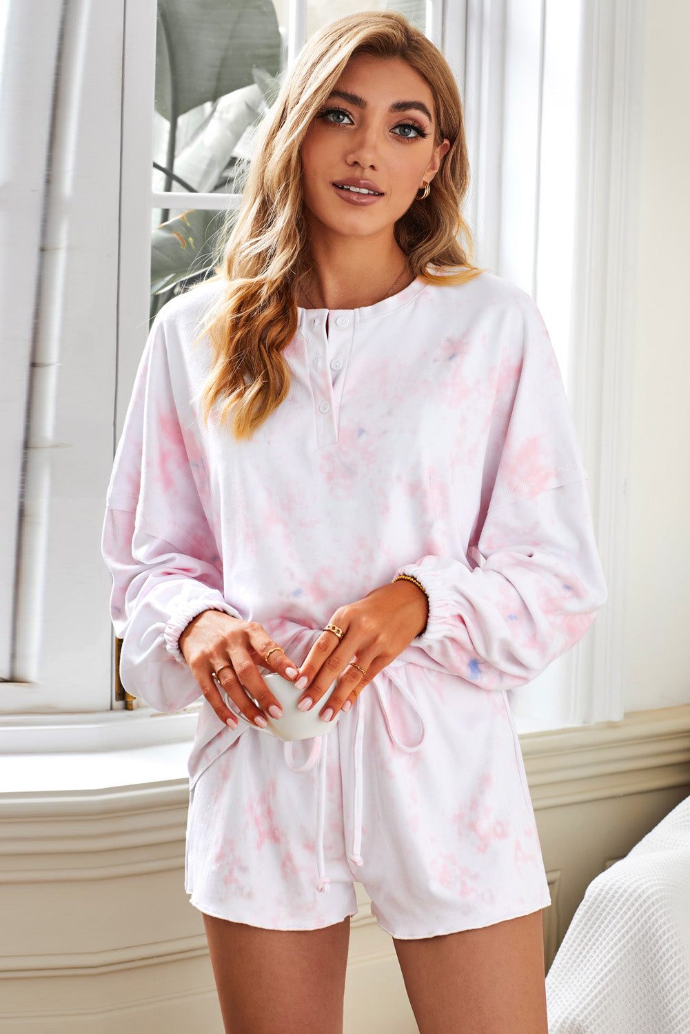 Quarter-Button Top and Drawstring Bottoms Loungewear Set