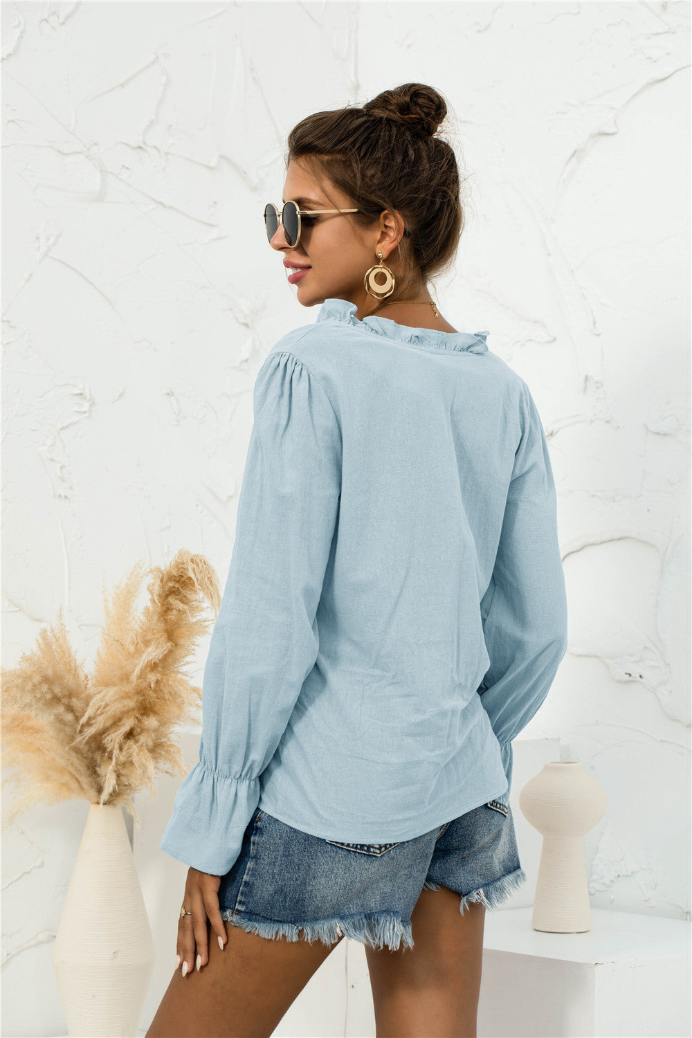 Frill Trim V-Neck Flounce Sleeve Shirt