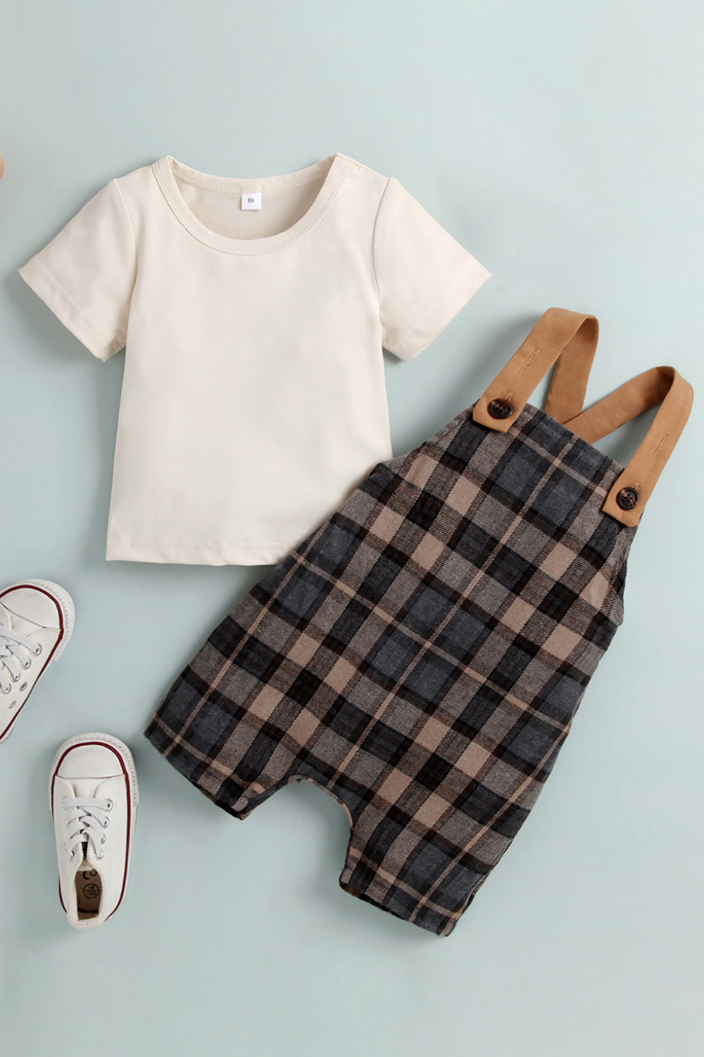 Baby Round Neck and Plaid Overalls Set