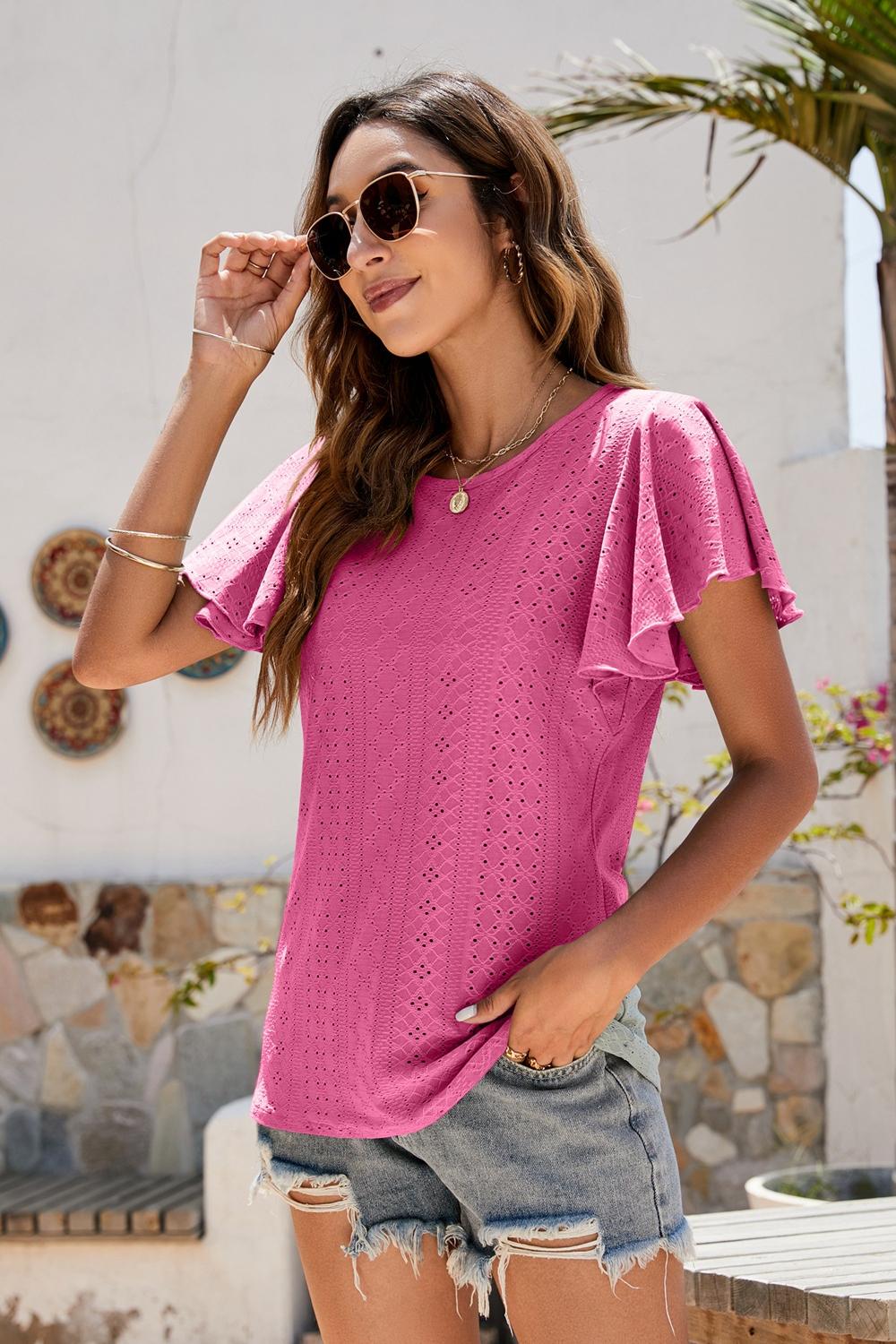 Eyelet Flutter Sleeve Short Sleeve Top