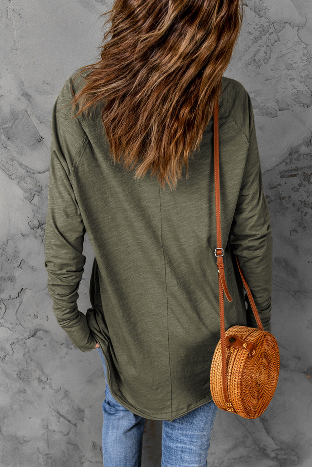 Women's Thumbhole Long Sleeve Round Neck Green Top