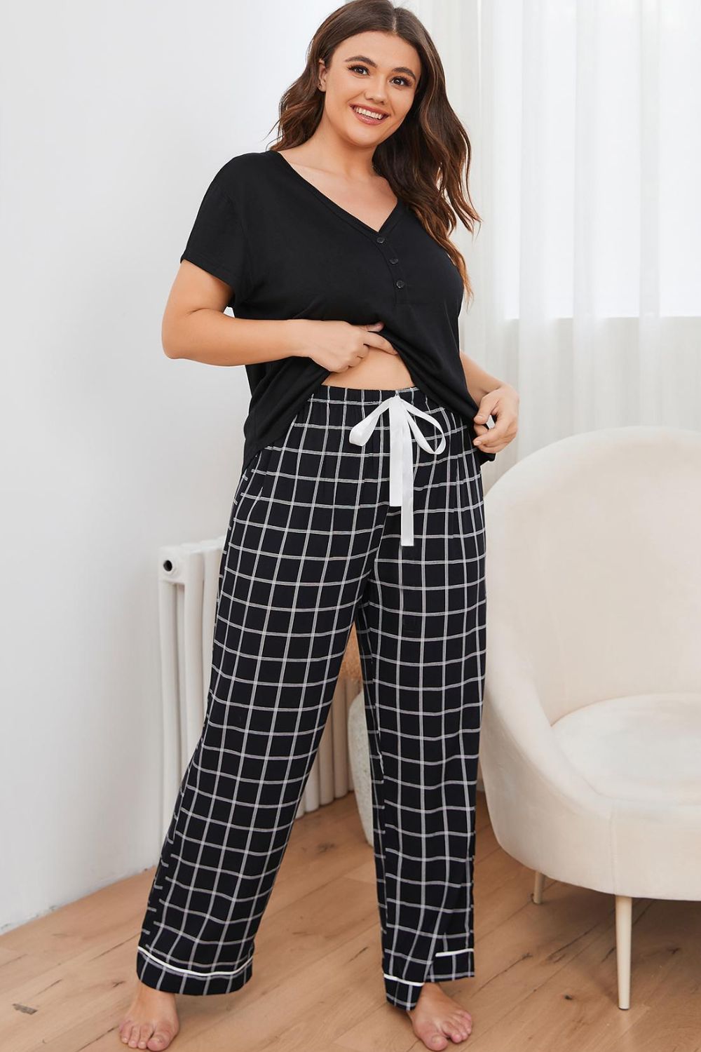 Plus Size V-Neck Top and Plaid Bottoms Lounge Set