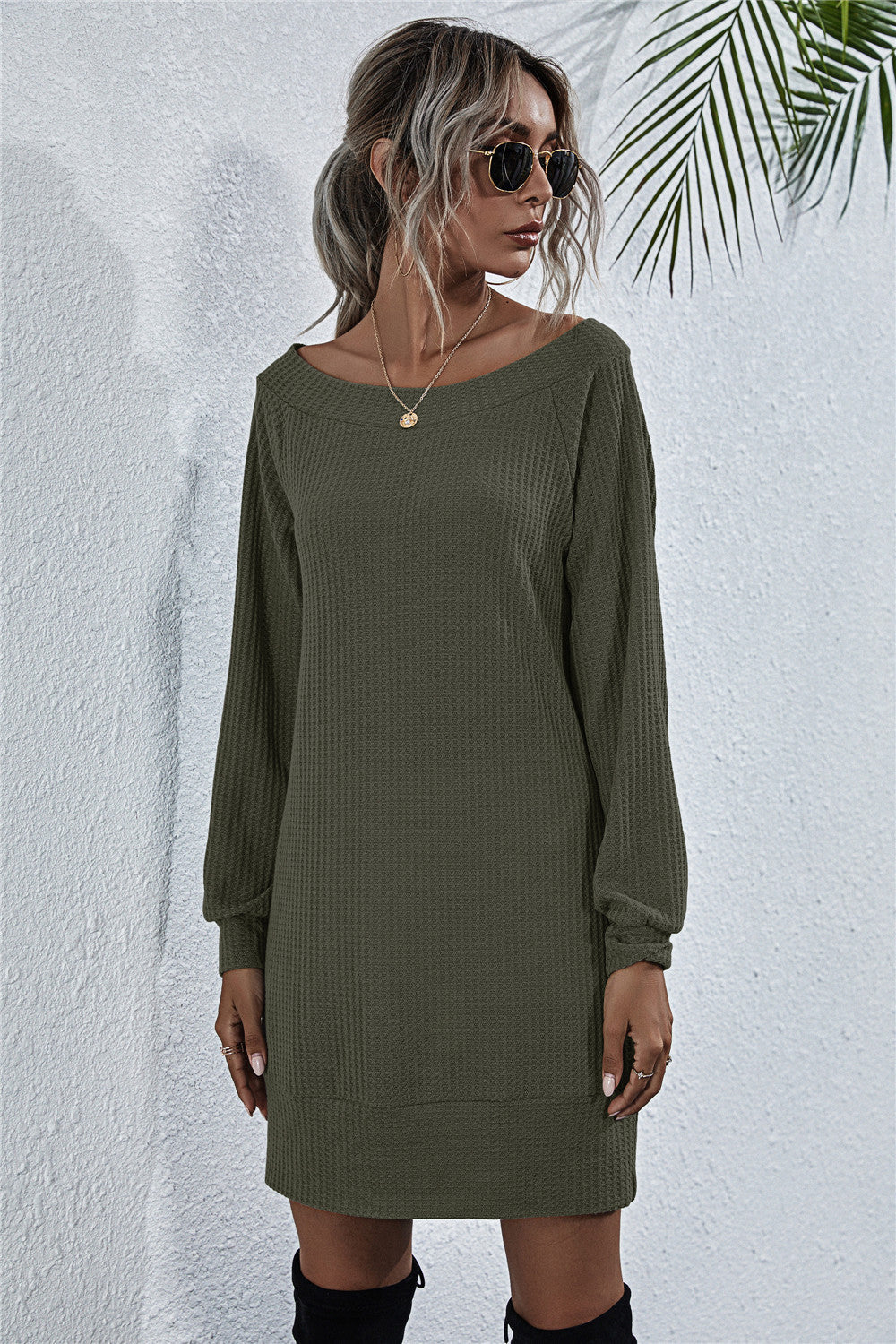 Women's Waffle-Knit Boat Neck Mini Dress in Black, Dark Gray, Army Green, or Light Gray