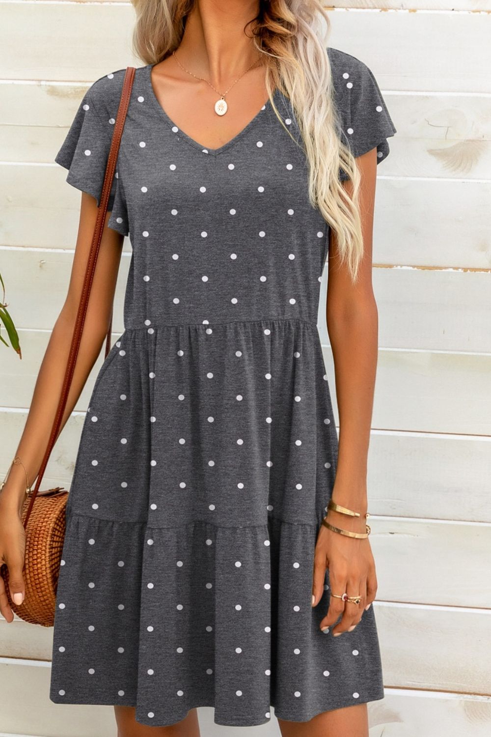 Polka Dot V-Neck Flutter Sleeve Mini Dress