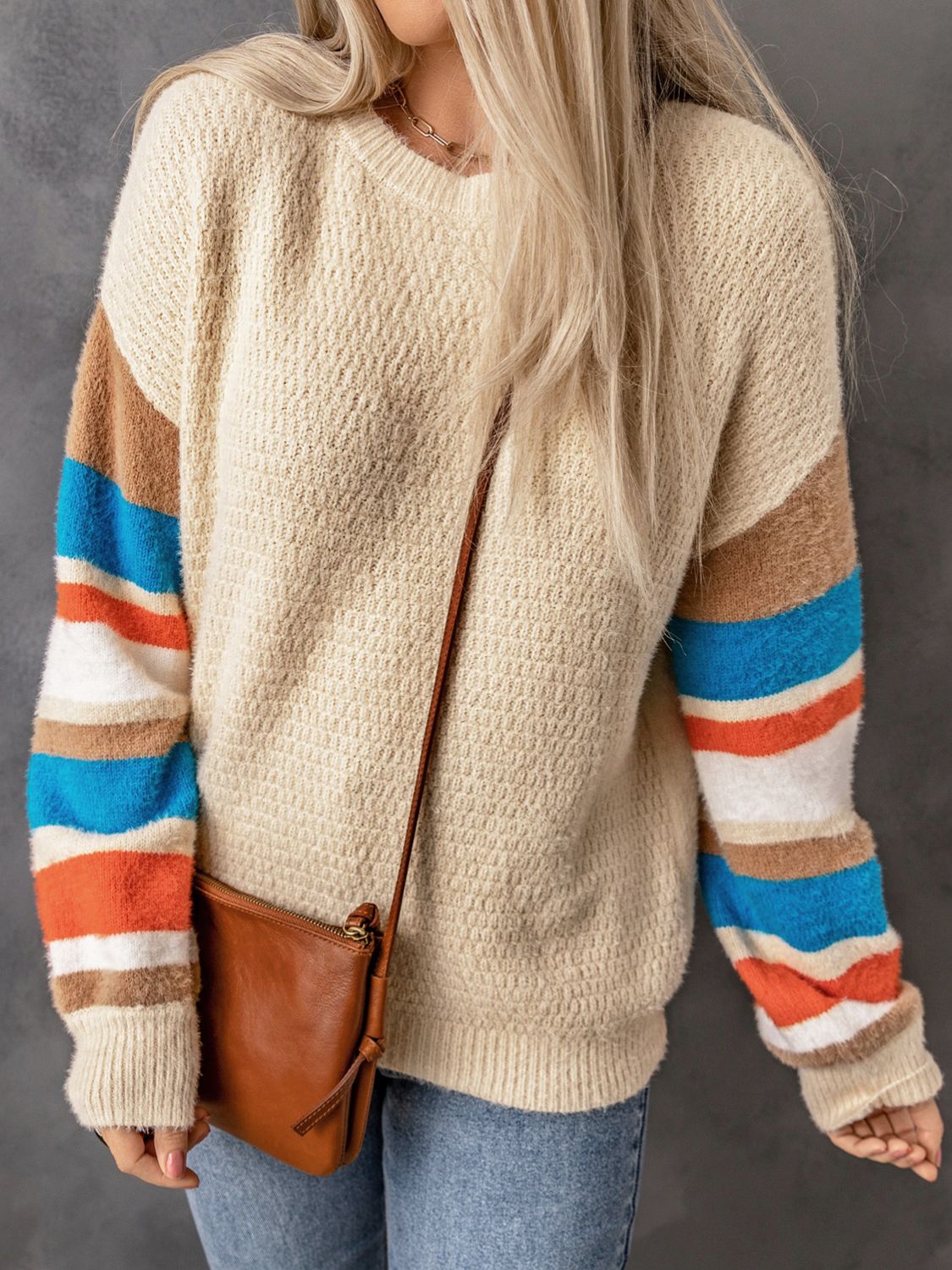 Women's Striped Dropped Shoulder Crewneck Ribbed Trim Sweater in Green, Apricot, or Gray