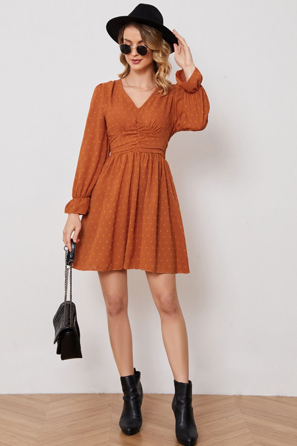 Swiss Dot Ruched V-Neck Flounce Sleeve Dress