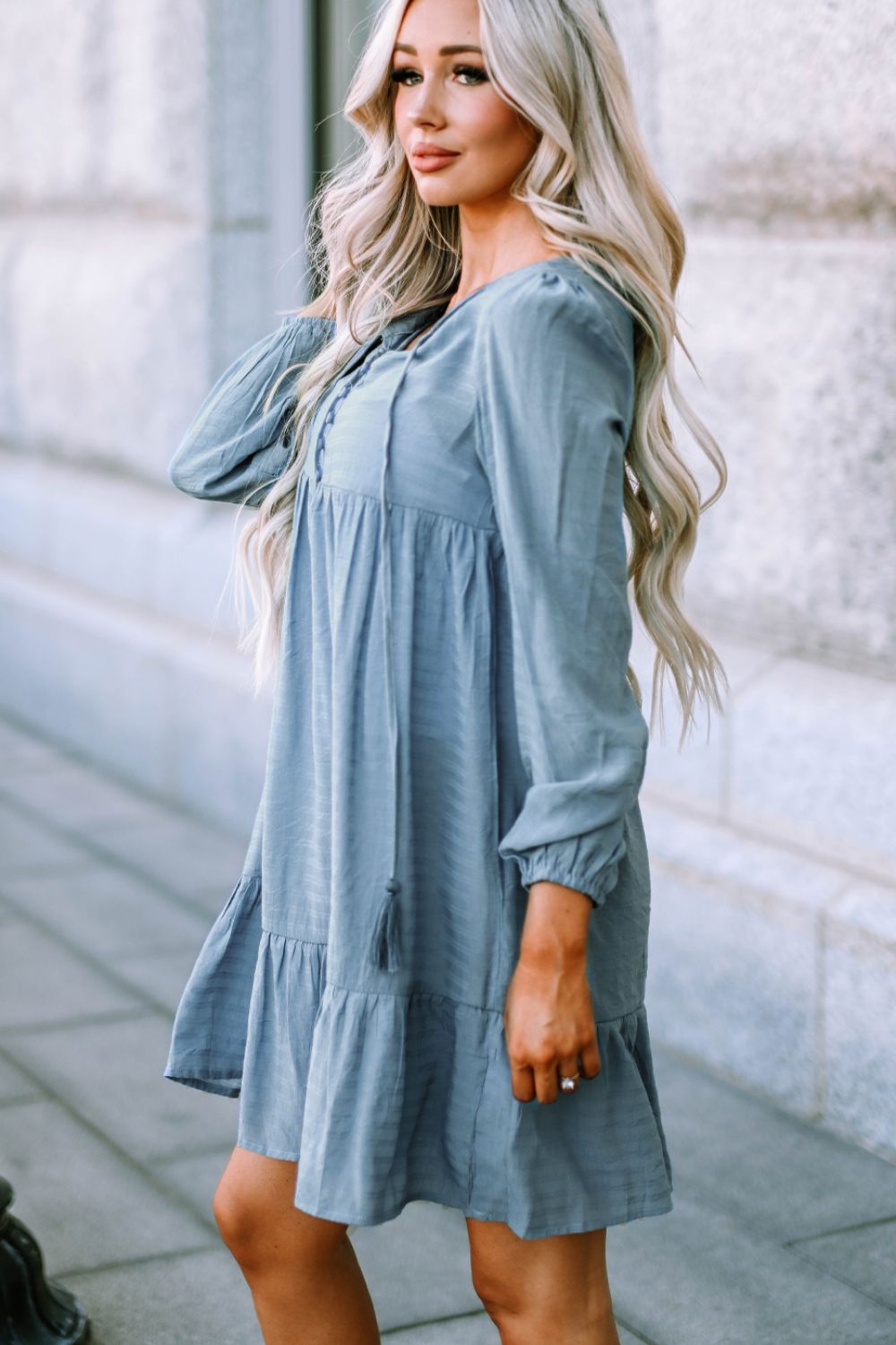 Half Button Ruffle Hem Dress