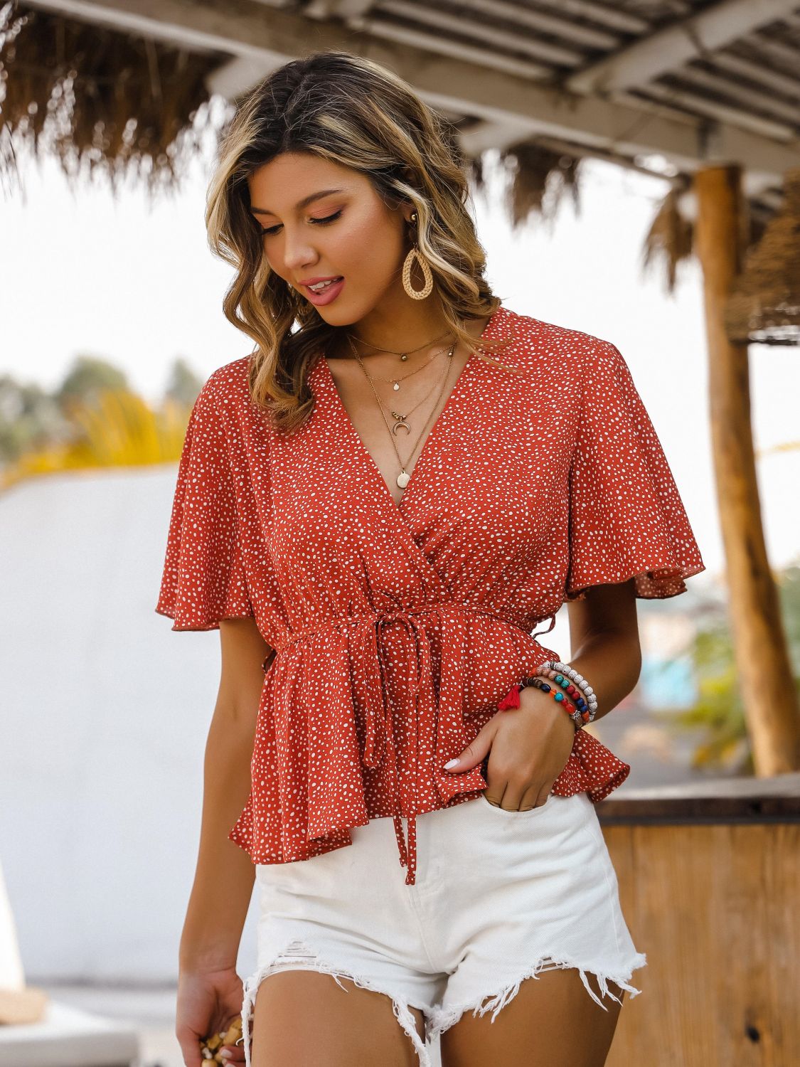 Printed Tied Flutter Sleeve Blouse