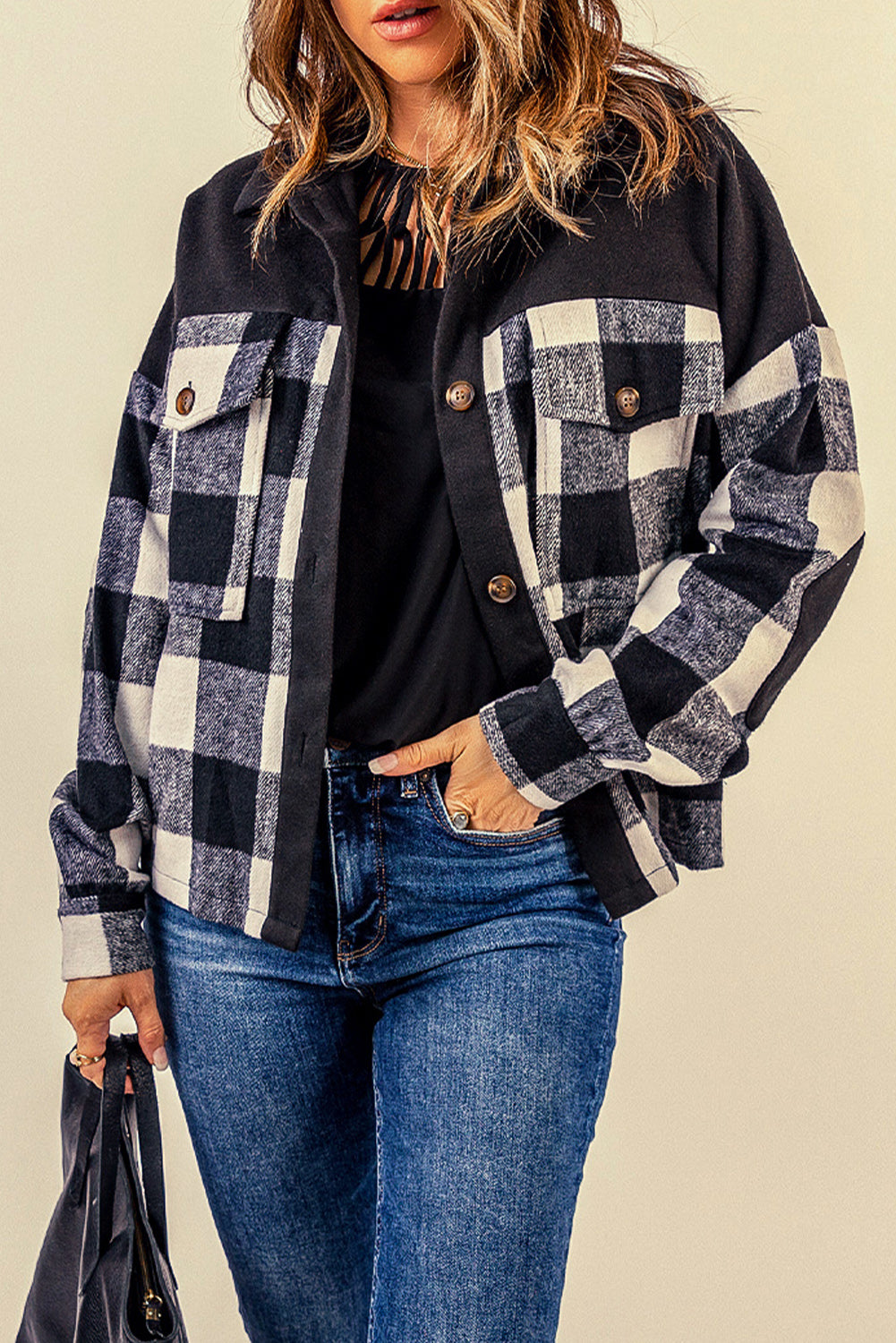 Women's Black Plaid Button-Up Shirt Jacket with Pockets, Shacket