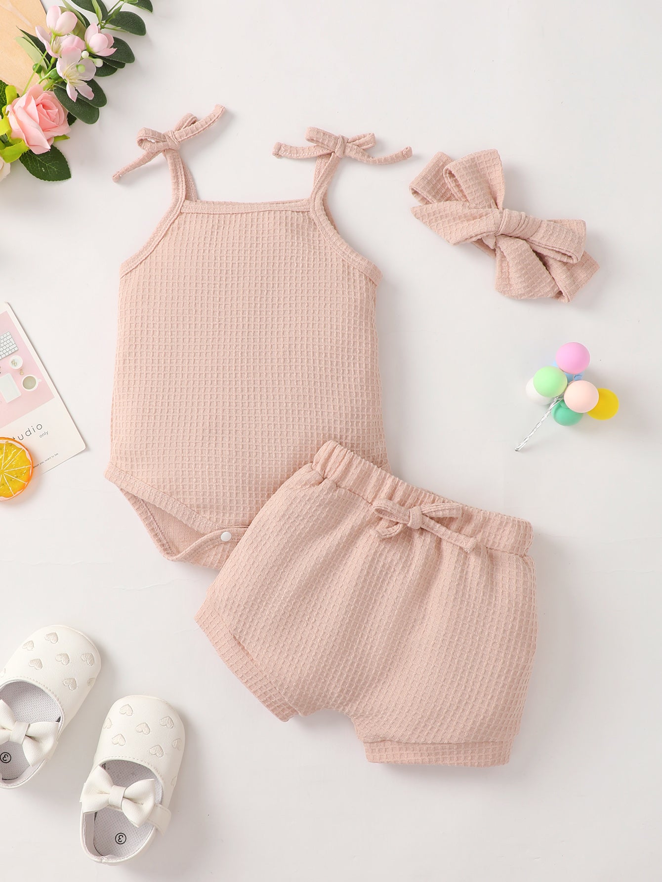 Baby Girl Waffle-Knit Tie-Shoulder Top and Bottoms Set