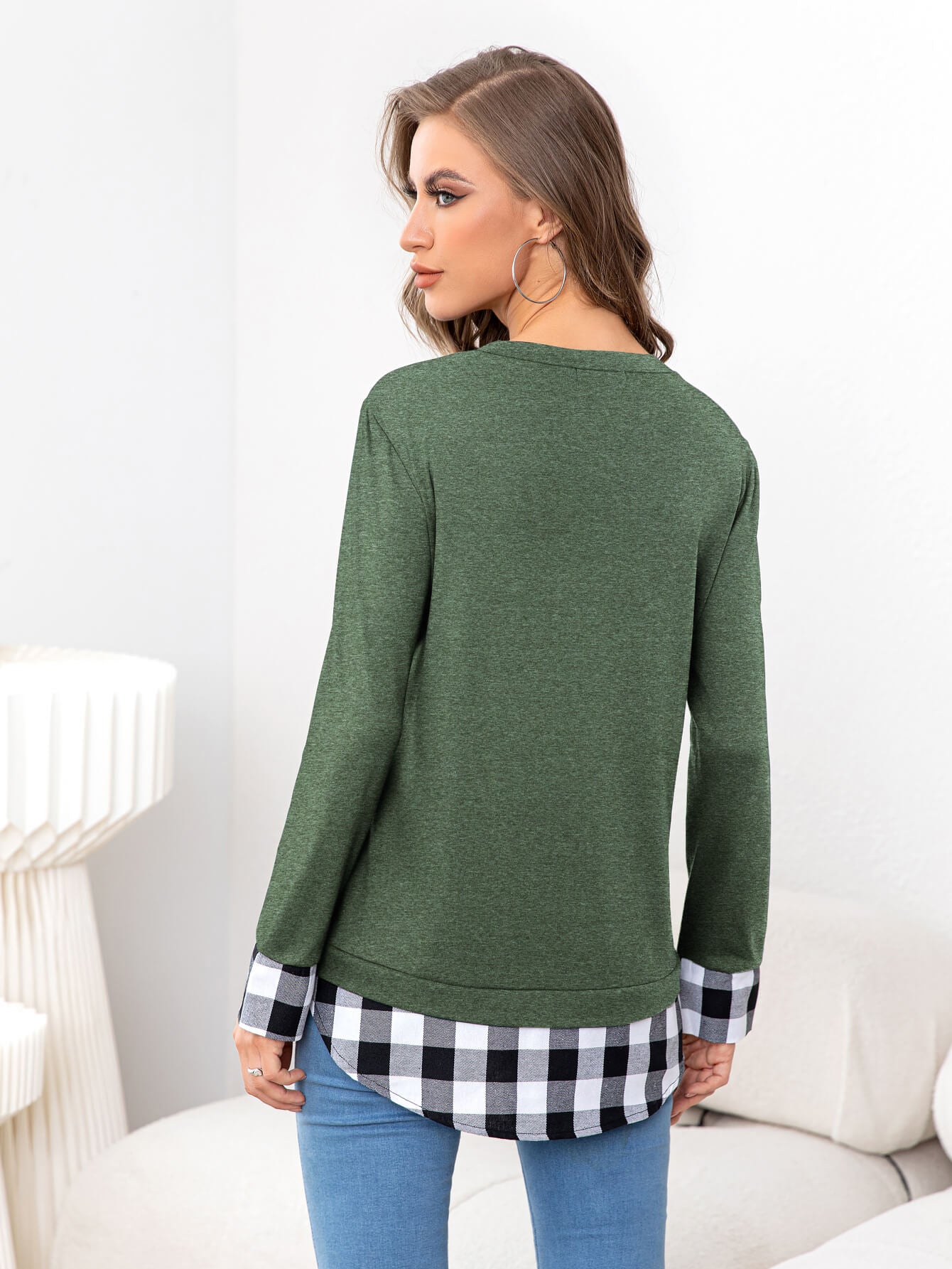 Plaid Round Neck Long Sleeve Top