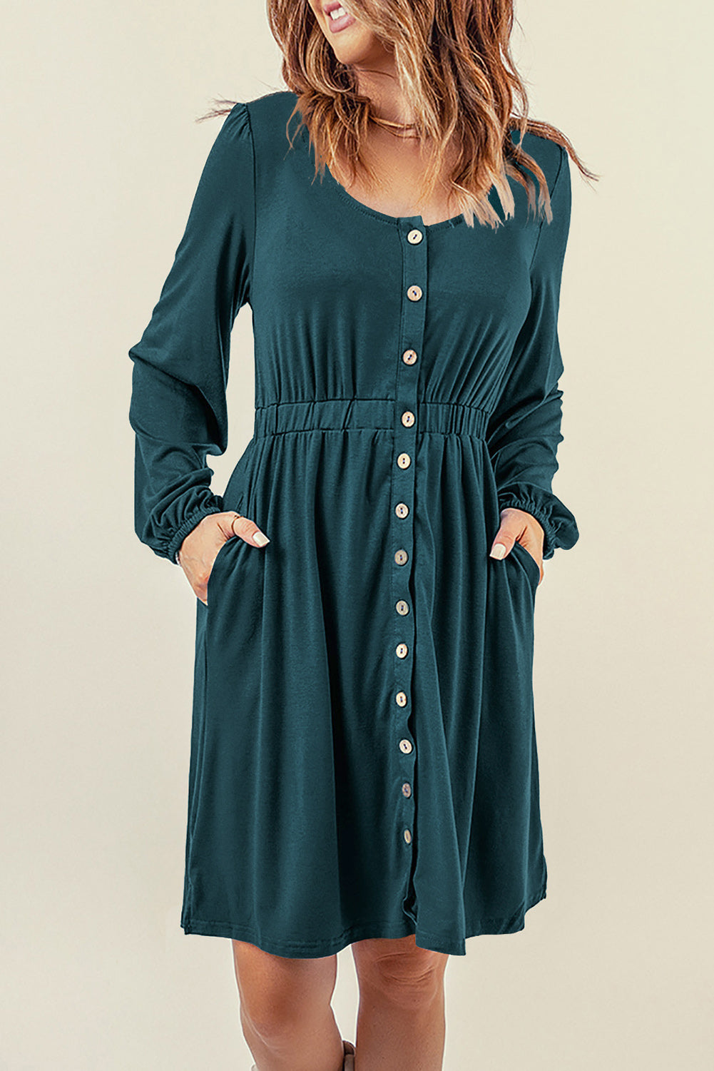 Women's Button Down Long Sleeve Dress with Pockets in Peach, Evergreen, Sky Blue, Emerald