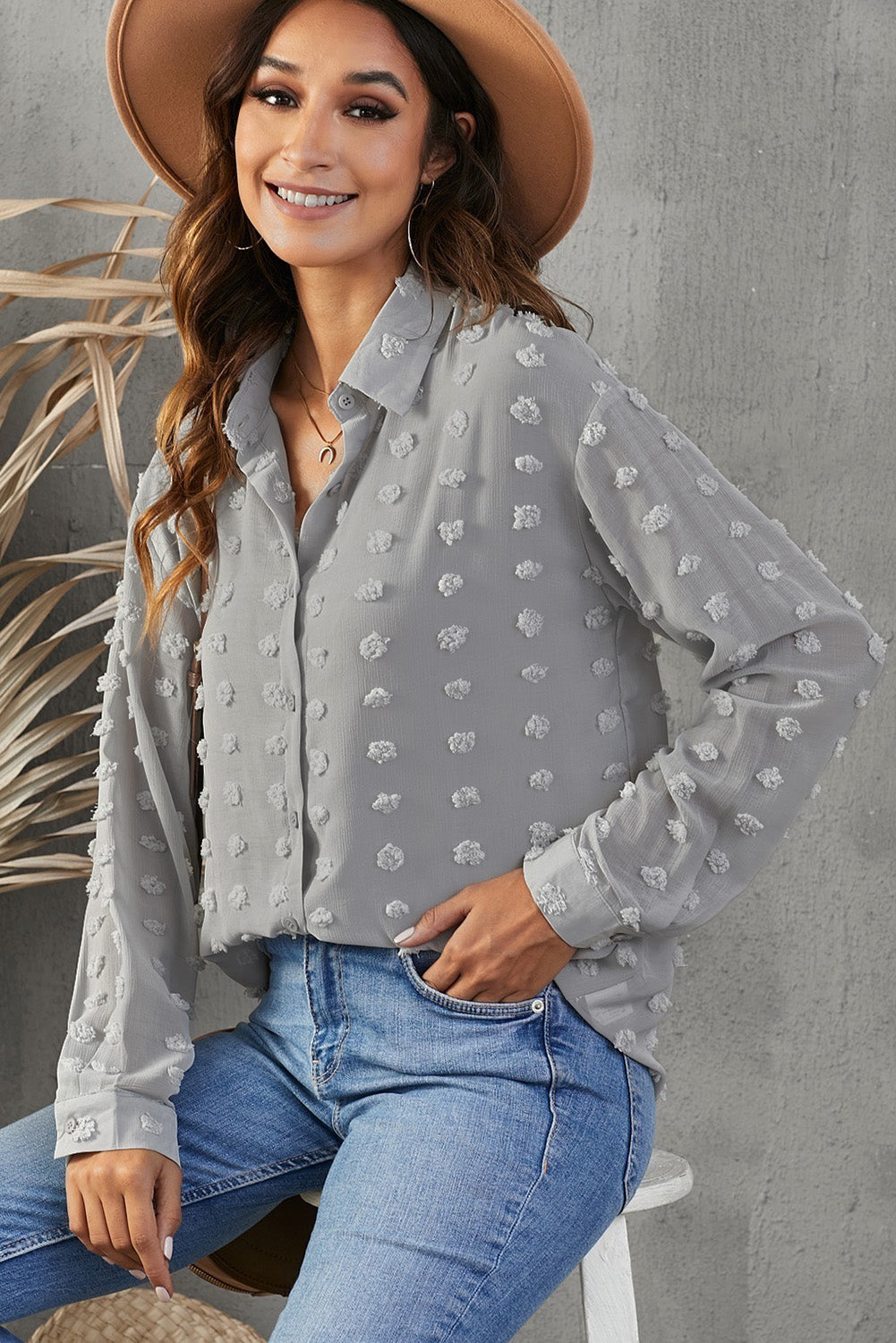 Swiss Dot Button-Up Long Sleeve Shirt