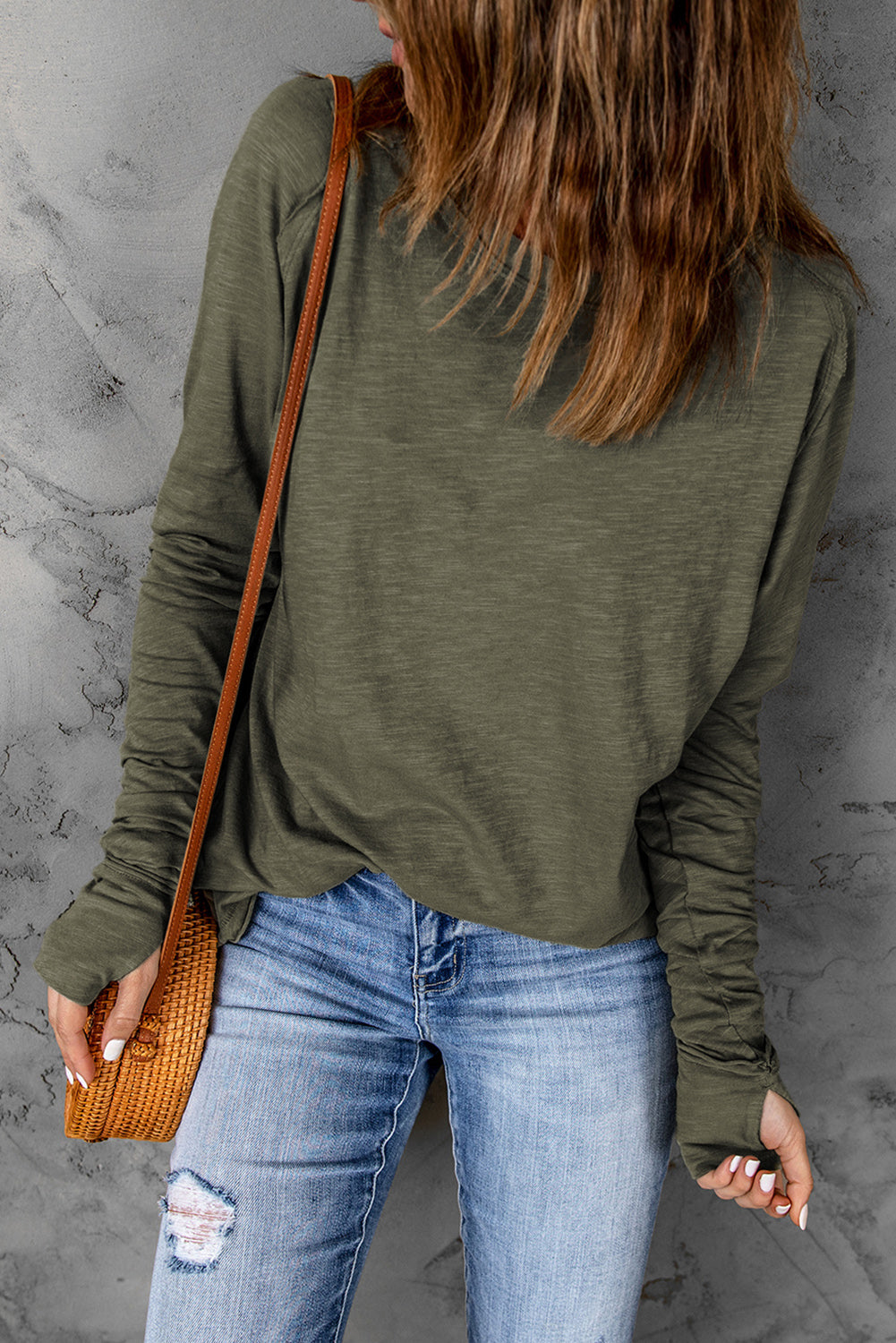 Women's Thumbhole Long Sleeve Round Neck Green Top