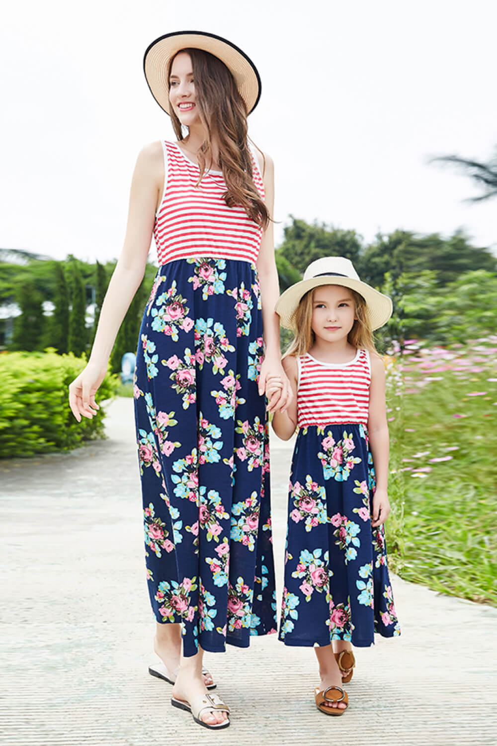 Girls Striped Floral Sleeveless Maxi