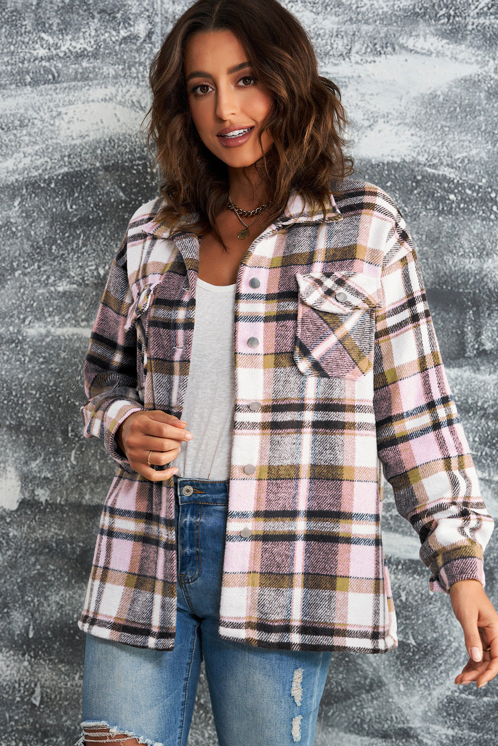 Women's Plaid Button Front Shirt Jacket with Breast Pockets in Pink, Red, Khaki, or Blue