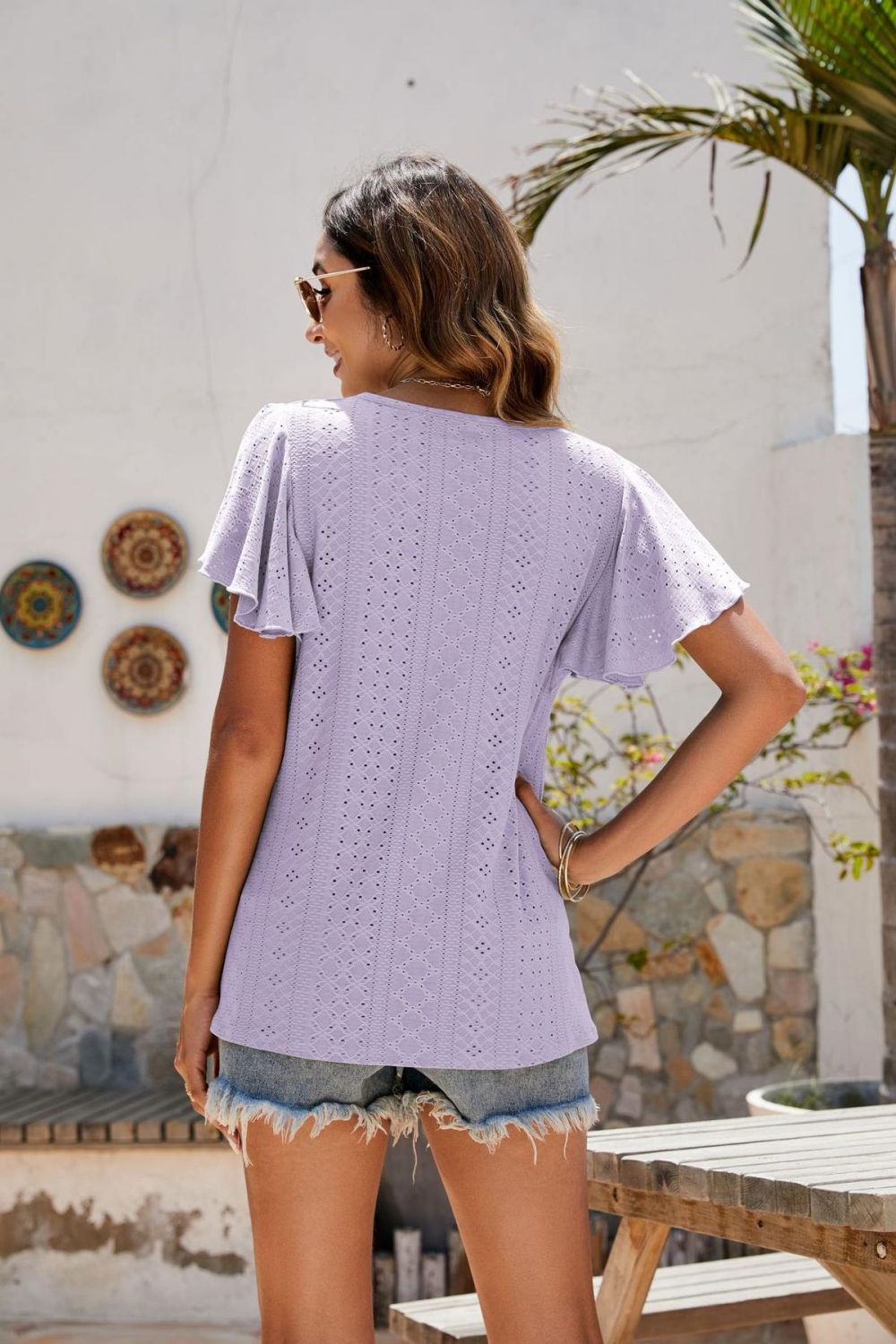 Eyelet Flutter Sleeve Short Sleeve Top