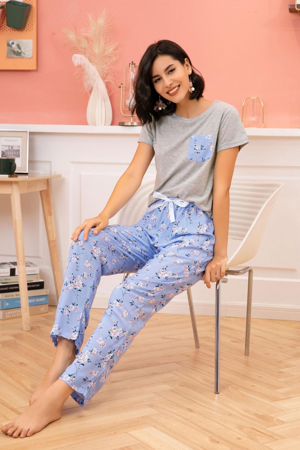 Round Neck T-Shirt and Floral Bottoms Lounge Set