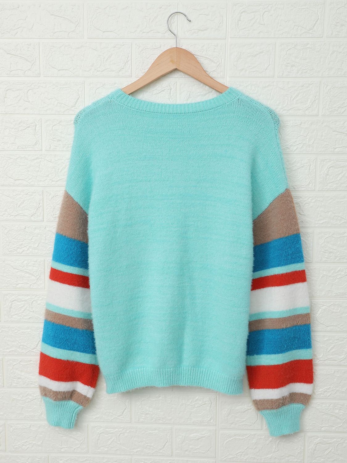 Women's Striped Dropped Shoulder Crewneck Ribbed Trim Sweater in Green, Apricot, or Gray