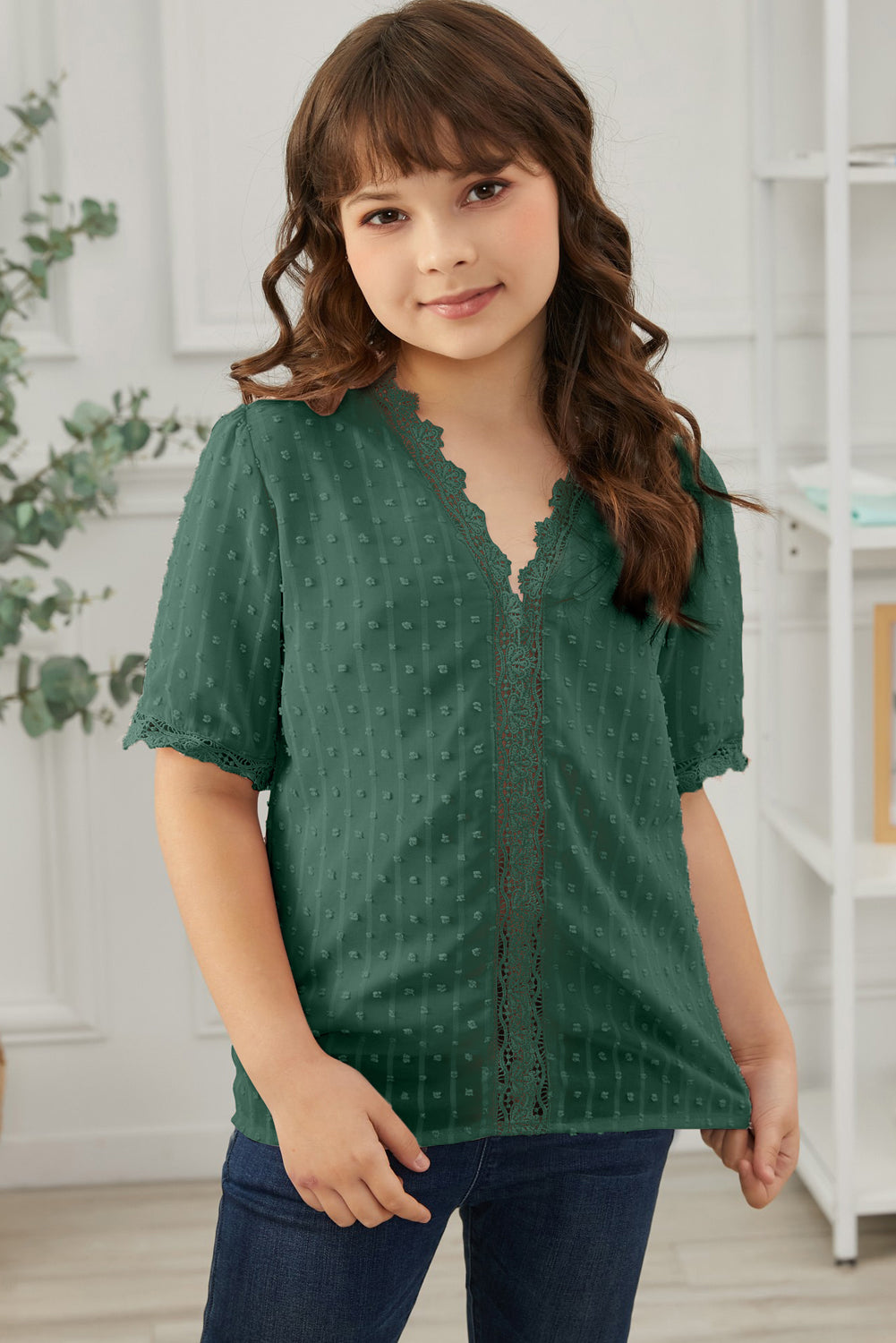 Girls Swiss Dot Spliced Lace Blouse