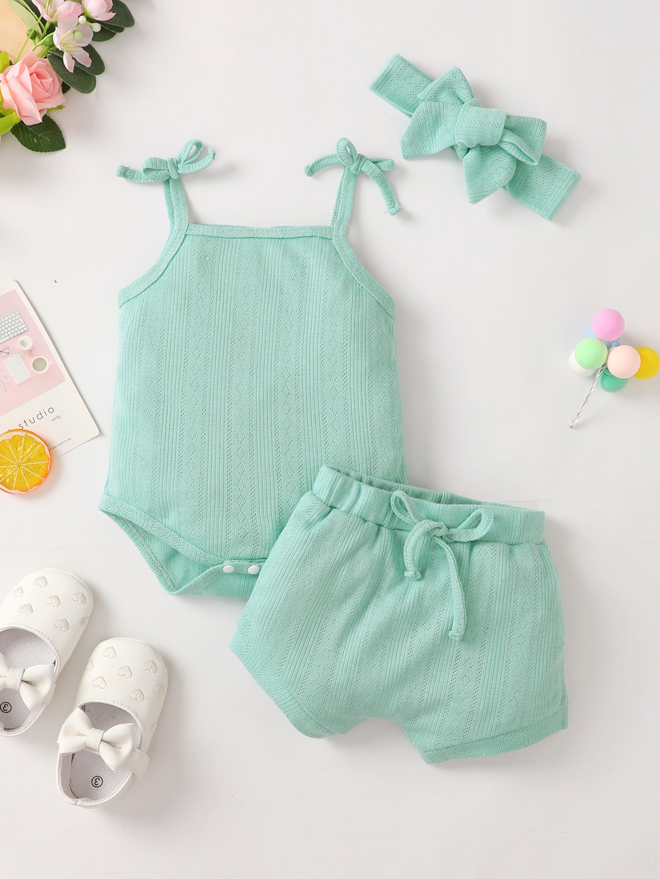 Baby Girl Waffle-Knit Tie-Shoulder Top and Bottoms Set