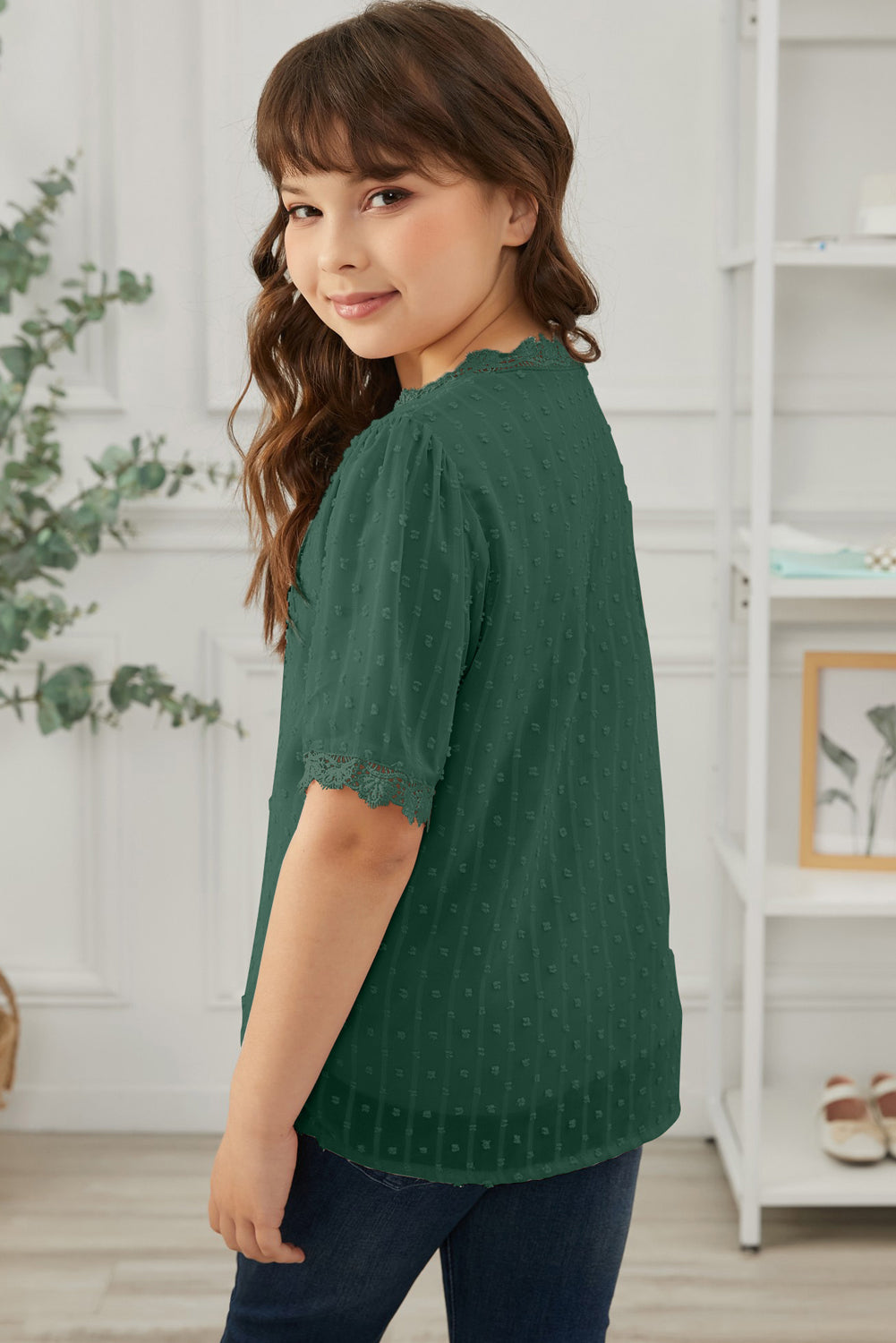 Girls Swiss Dot Spliced Lace Blouse