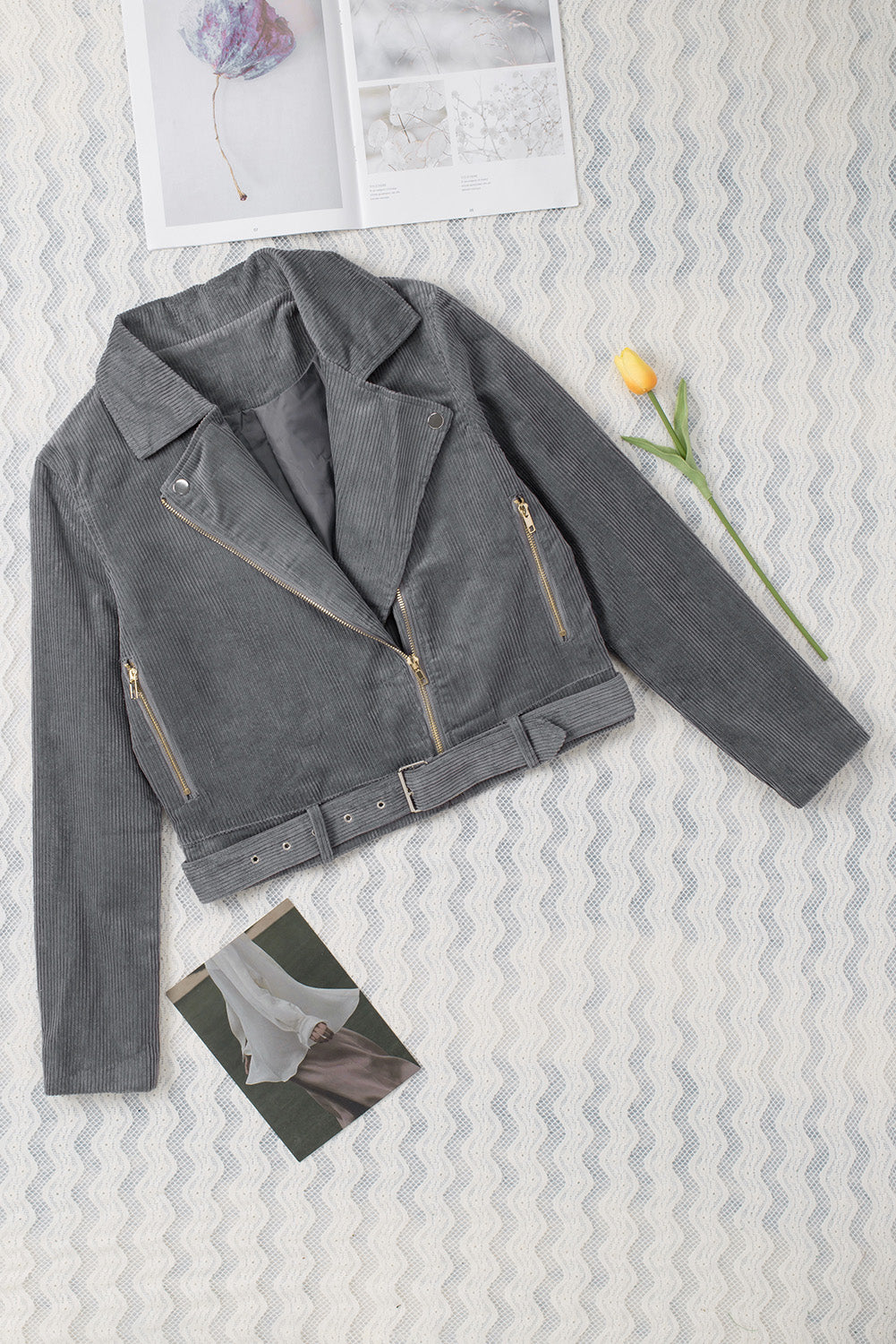 Women's Gray Belted Zip-Up Corduroy Jacket