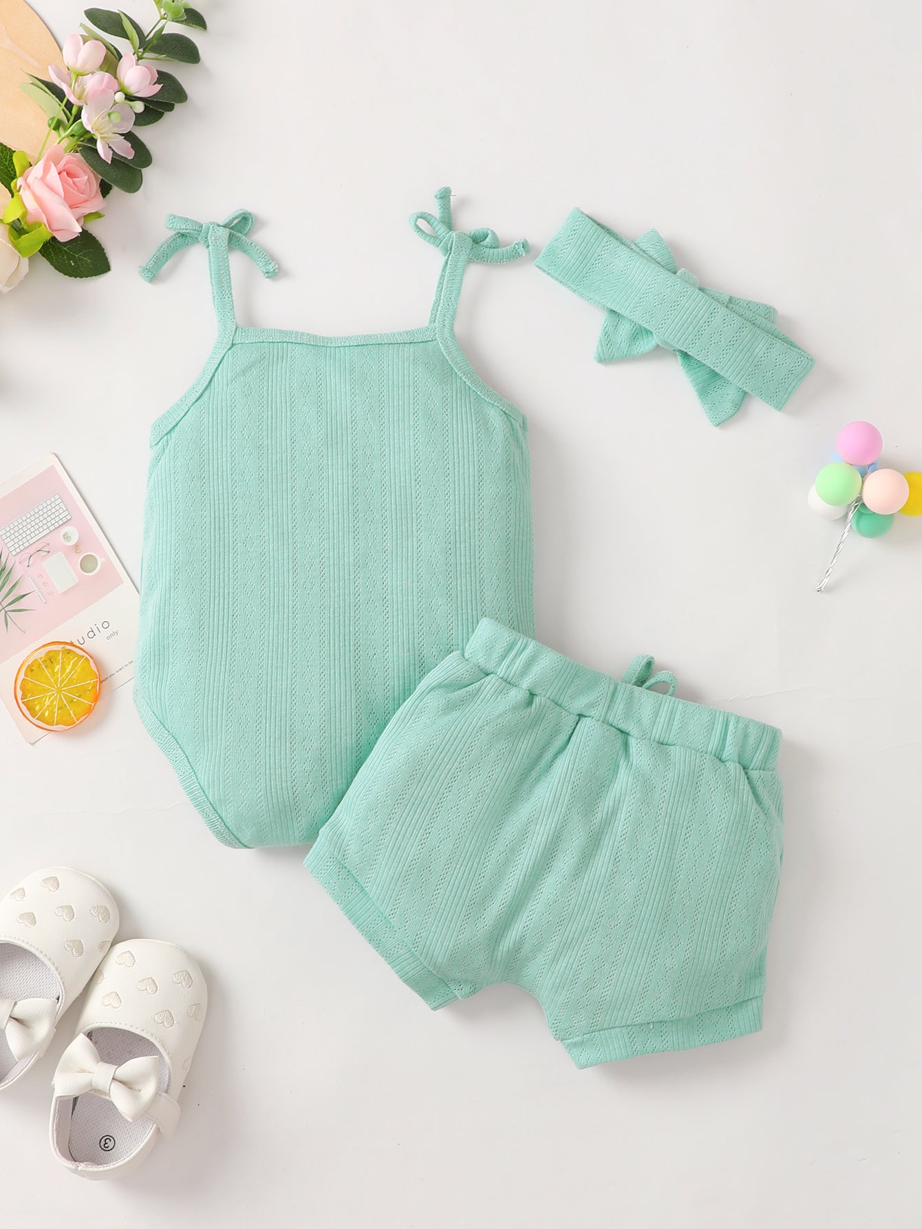 Baby Girl Waffle-Knit Tie-Shoulder Top and Bottoms Set