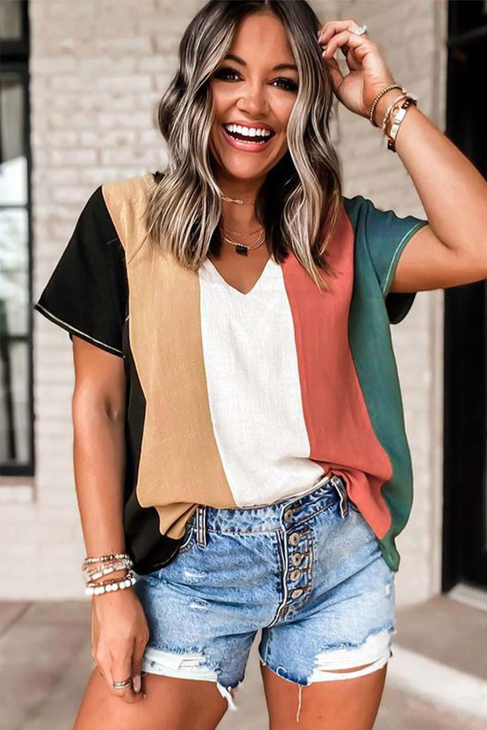 Color Block V-Neck Short Sleeve Top