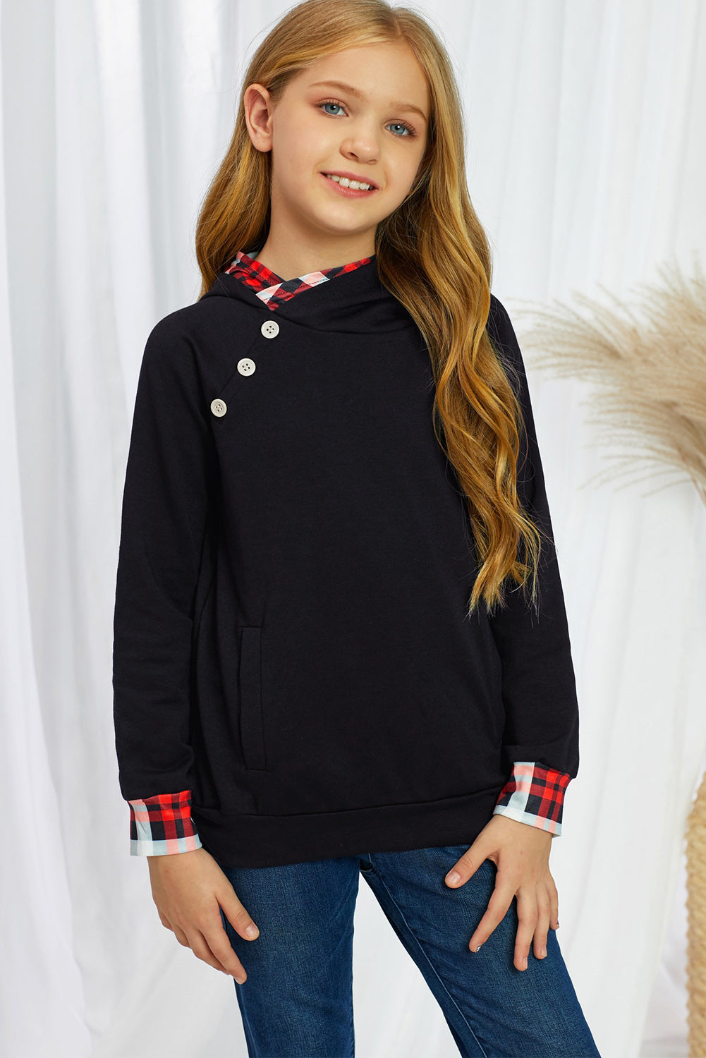 Girls Plaid Decorative Button Pullover with Pockets