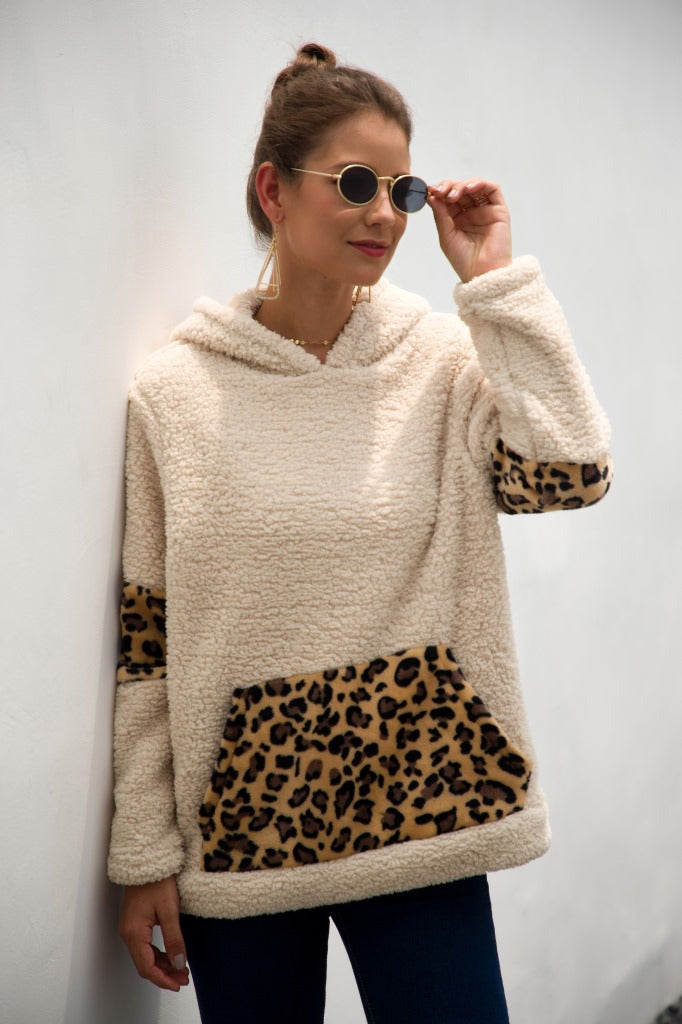 Leopard Color Block Sherpa Hoodie