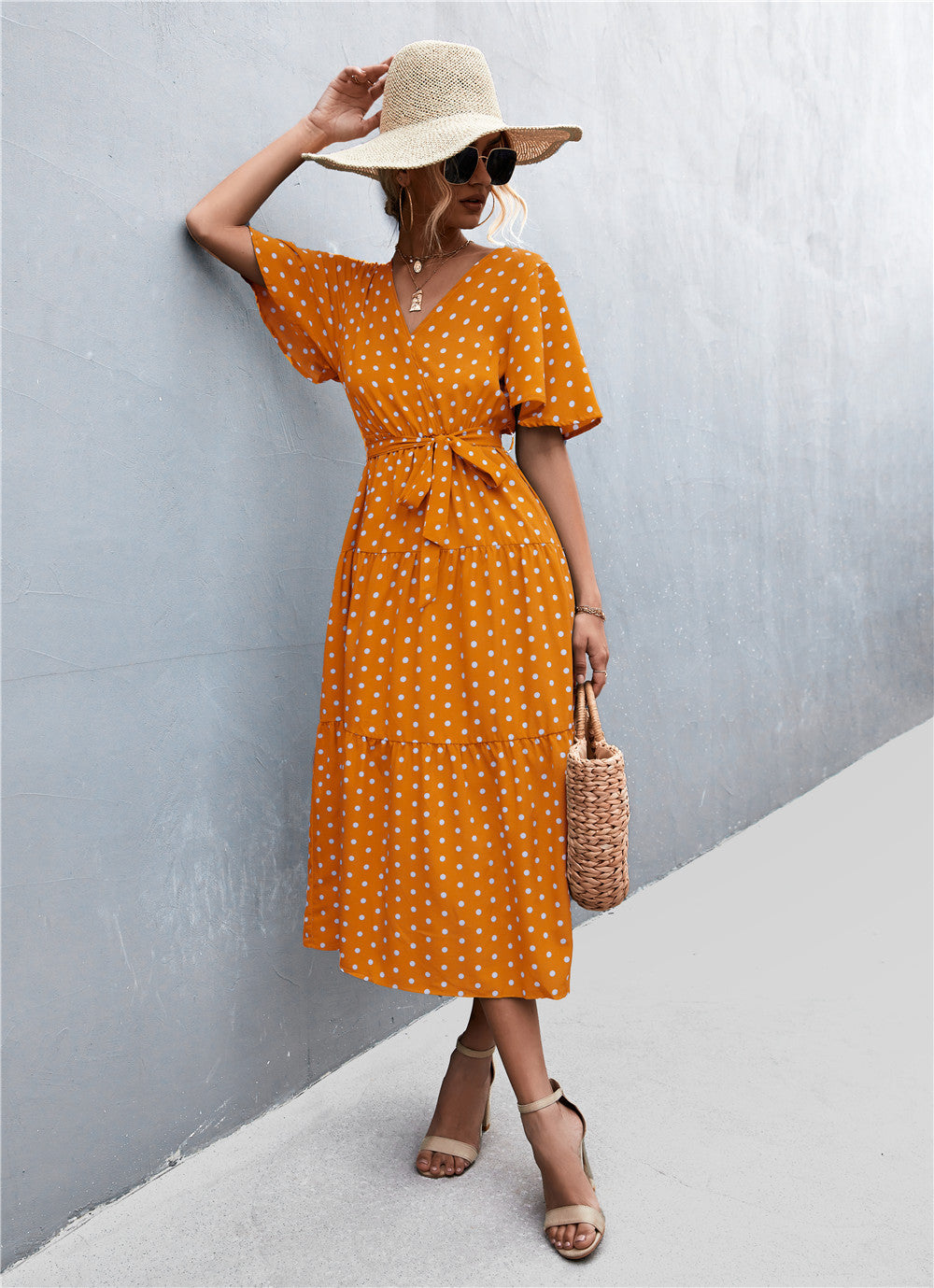 Printed V-Neck Flutter Sleeve Belted Dress