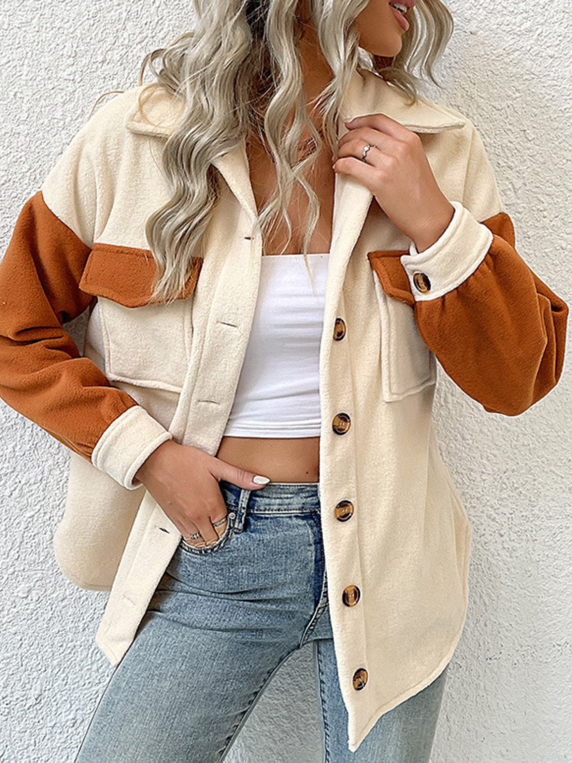 Women's Beige/Brown Contrast Button-Up Fleece Jacket