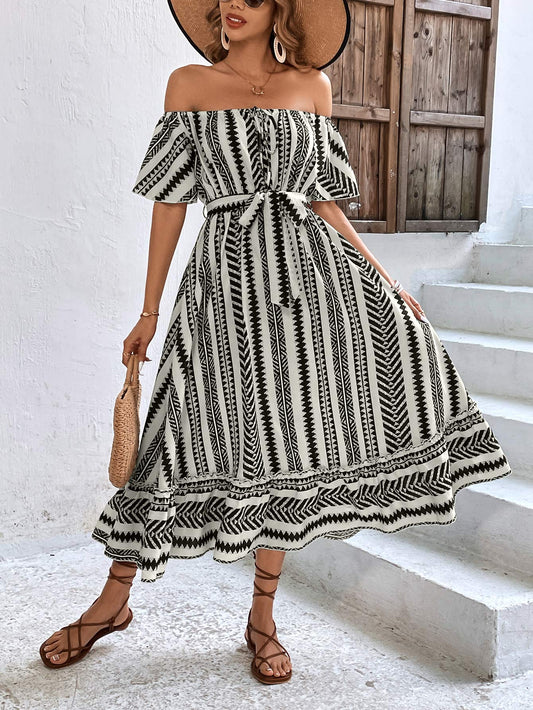 Printed Off-Shoulder Tie Belt Midi Dress