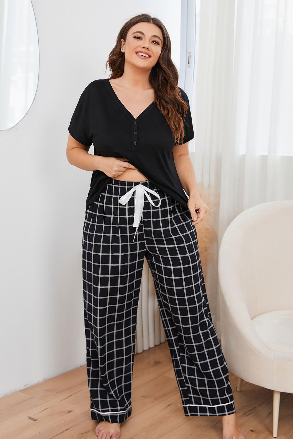 Plus Size V-Neck Top and Plaid Bottoms Lounge Set