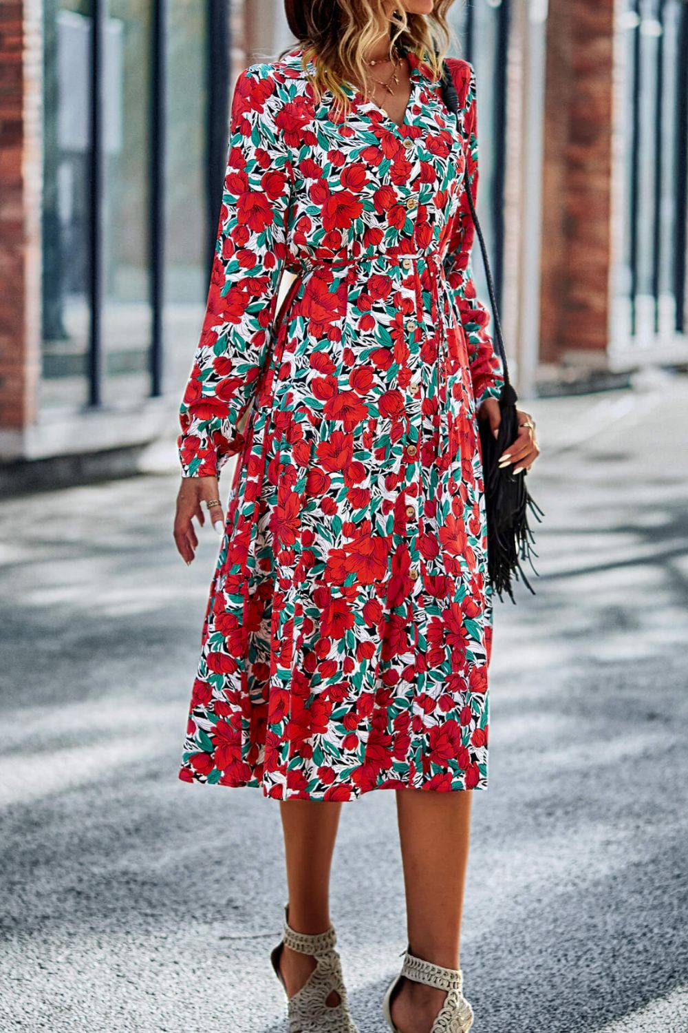 Women's Printed Button Front Belted Tiered Shirt Dress in Green, Red, White, or Black