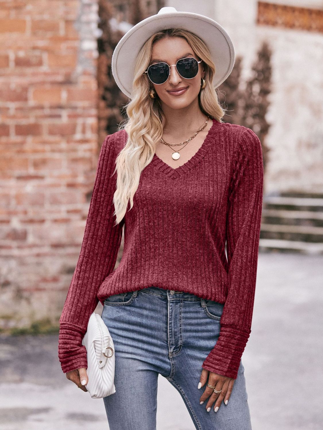 V-Neck Long Sleeve Ribbed Top