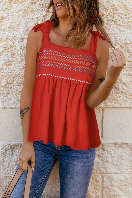 Embroidered Tie-Shoulder Tank