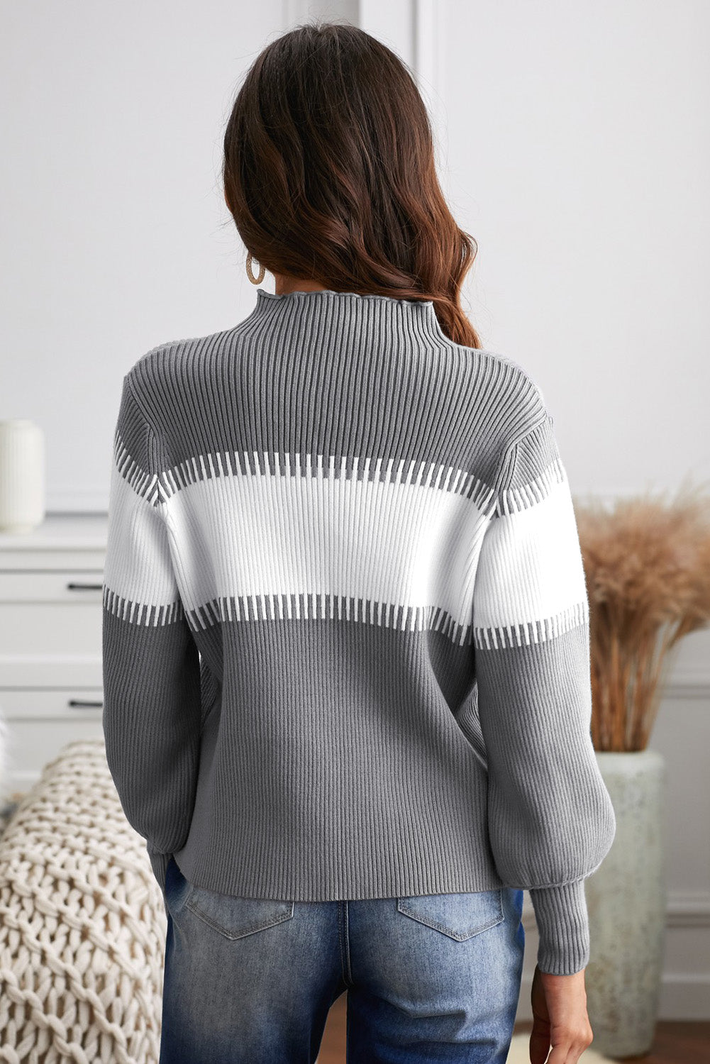 Women's Color Block High Neck Lantern Long Sleeve Pullover Sweater in Gray or Brown