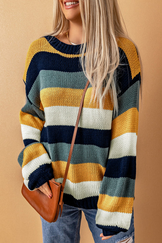 Women's Striped Dropped Shoulder Knitted Pullover Sweater in Blue/Yellow or Pink/Yellow