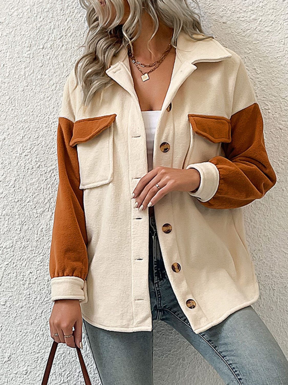 Women's Beige/Brown Contrast Button-Up Fleece Jacket