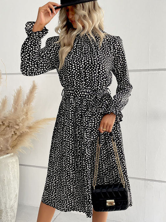 Women's Black Printed Tie-Waist Flounce Sleeve Keyhole Midi Dress