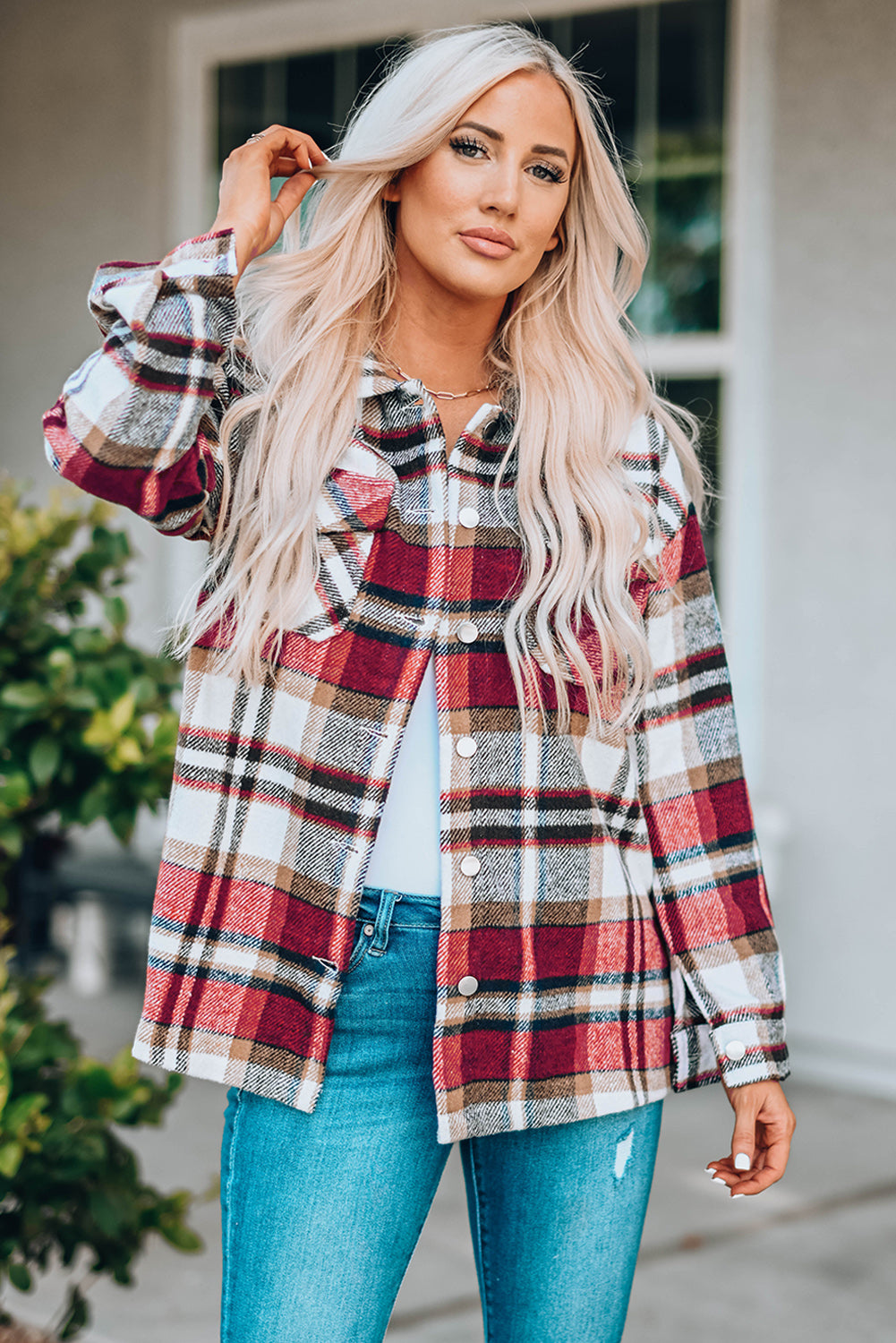 Women's Plaid Button Front Shirt Jacket with Breast Pockets in Pink, Red, Khaki, or Blue