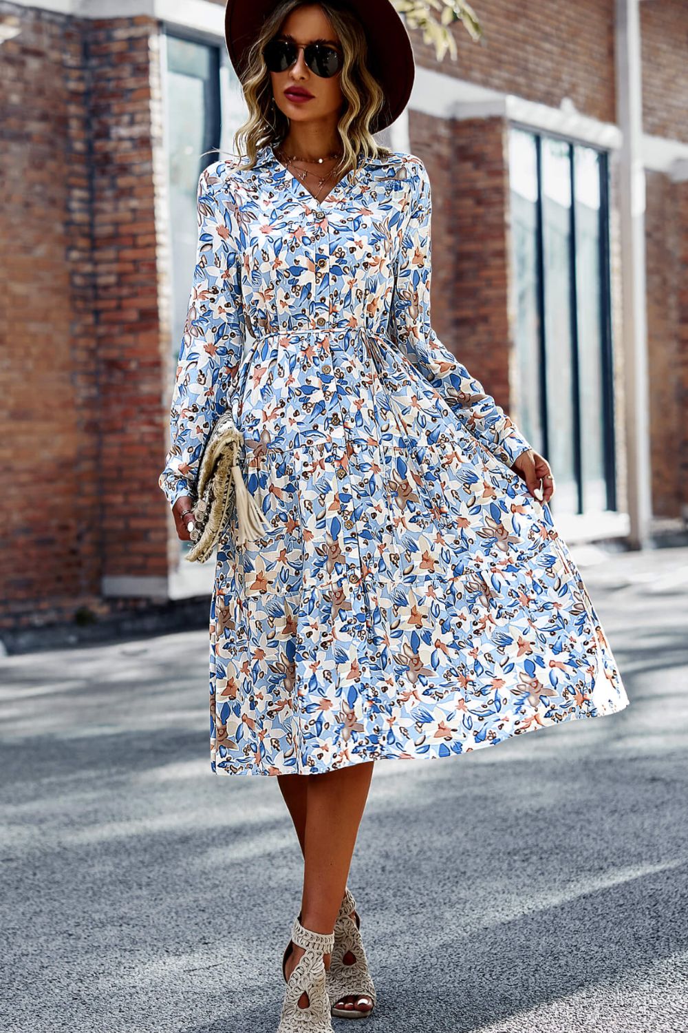 Women's Printed Button Front Belted Tiered Shirt Dress in Green, Red, White, or Black