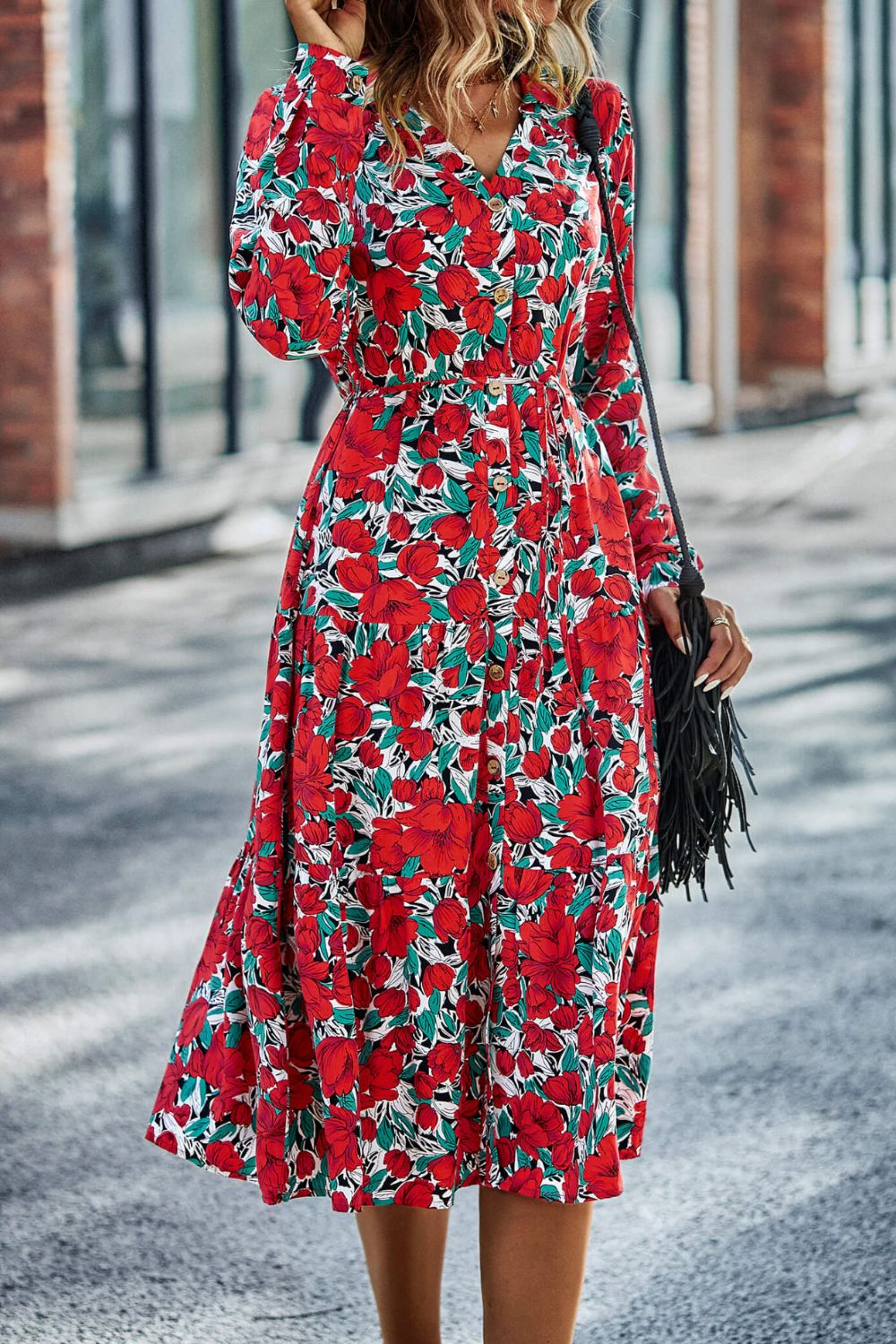 Women's Printed Button Front Belted Tiered Shirt Dress in Green, Red, White, or Black