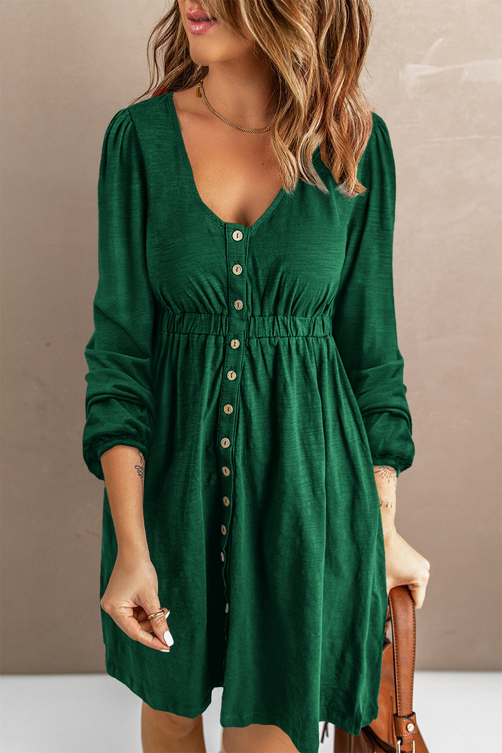 Women's Button Down Long Sleeve Dress with Pockets in Peach, Evergreen, Sky Blue, Emerald